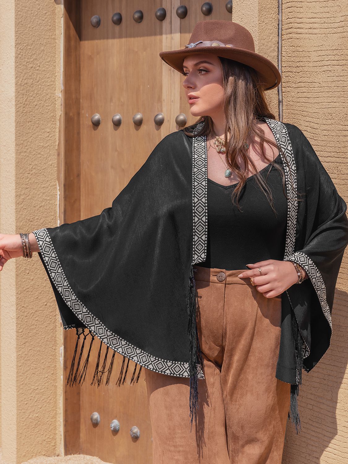 Geometric Open Front Fringe Hem Cardigan - Oh she Rose