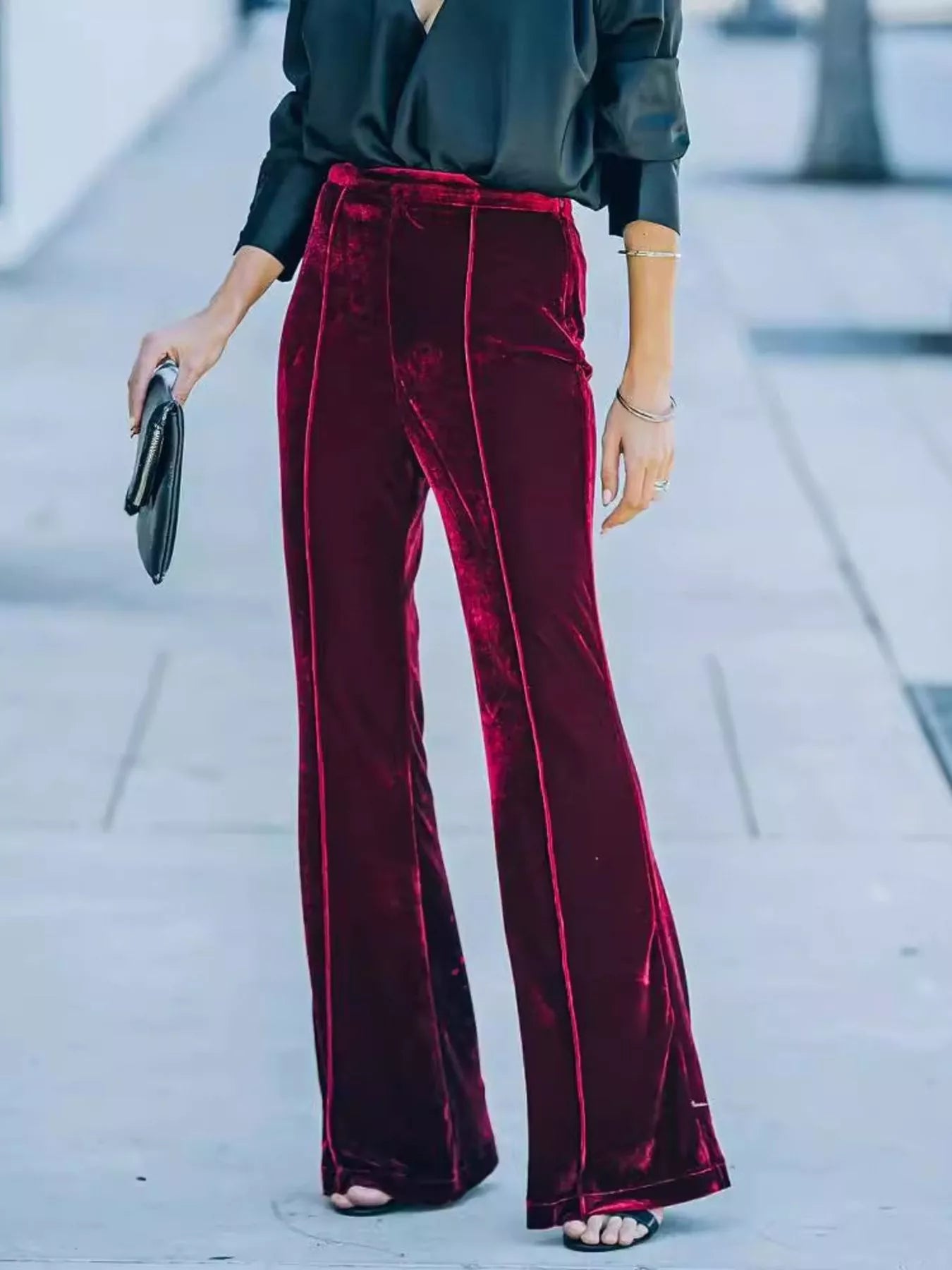 High - Waisted Wide Leg Velvet Pants - Oh she Rose