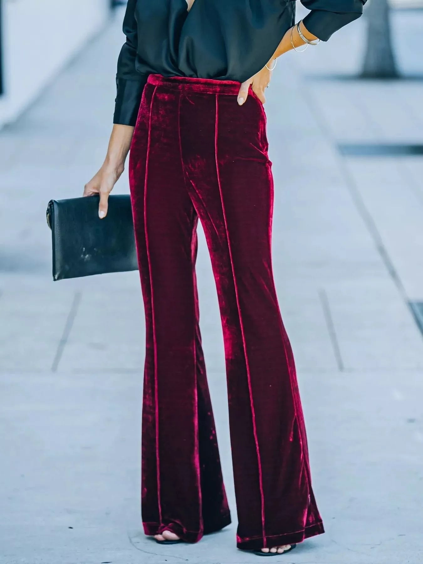 High - Waisted Wide Leg Velvet Pants - Oh she Rose
