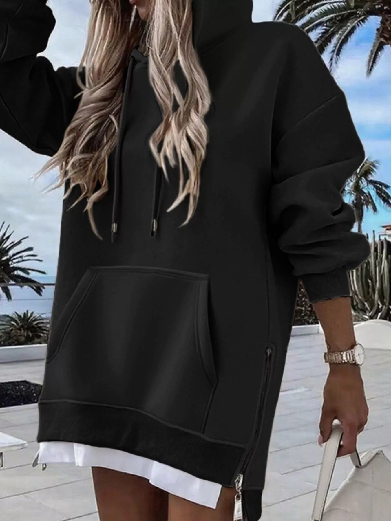 Kangaroo Pocket Hoodie with Side Zipper - Oh she Rose