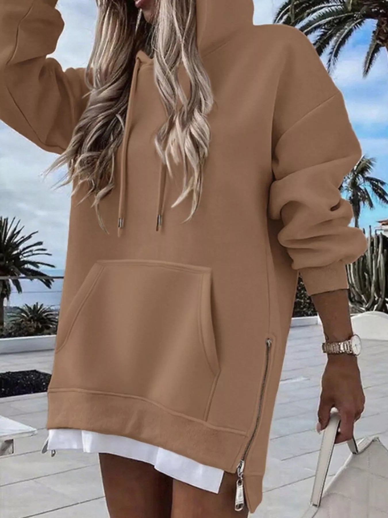 Kangaroo Pocket Hoodie with Side Zipper - Oh she Rose