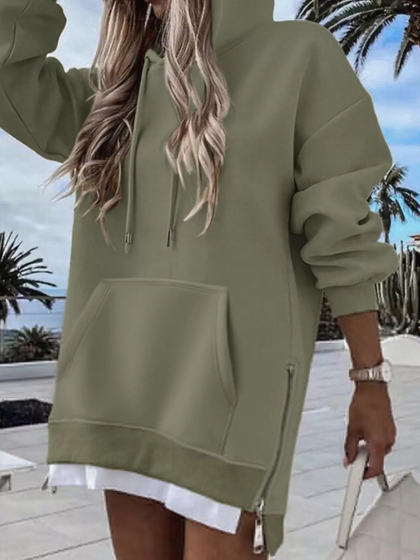 Kangaroo Pocket Hoodie with Side Zipper - Oh she Rose