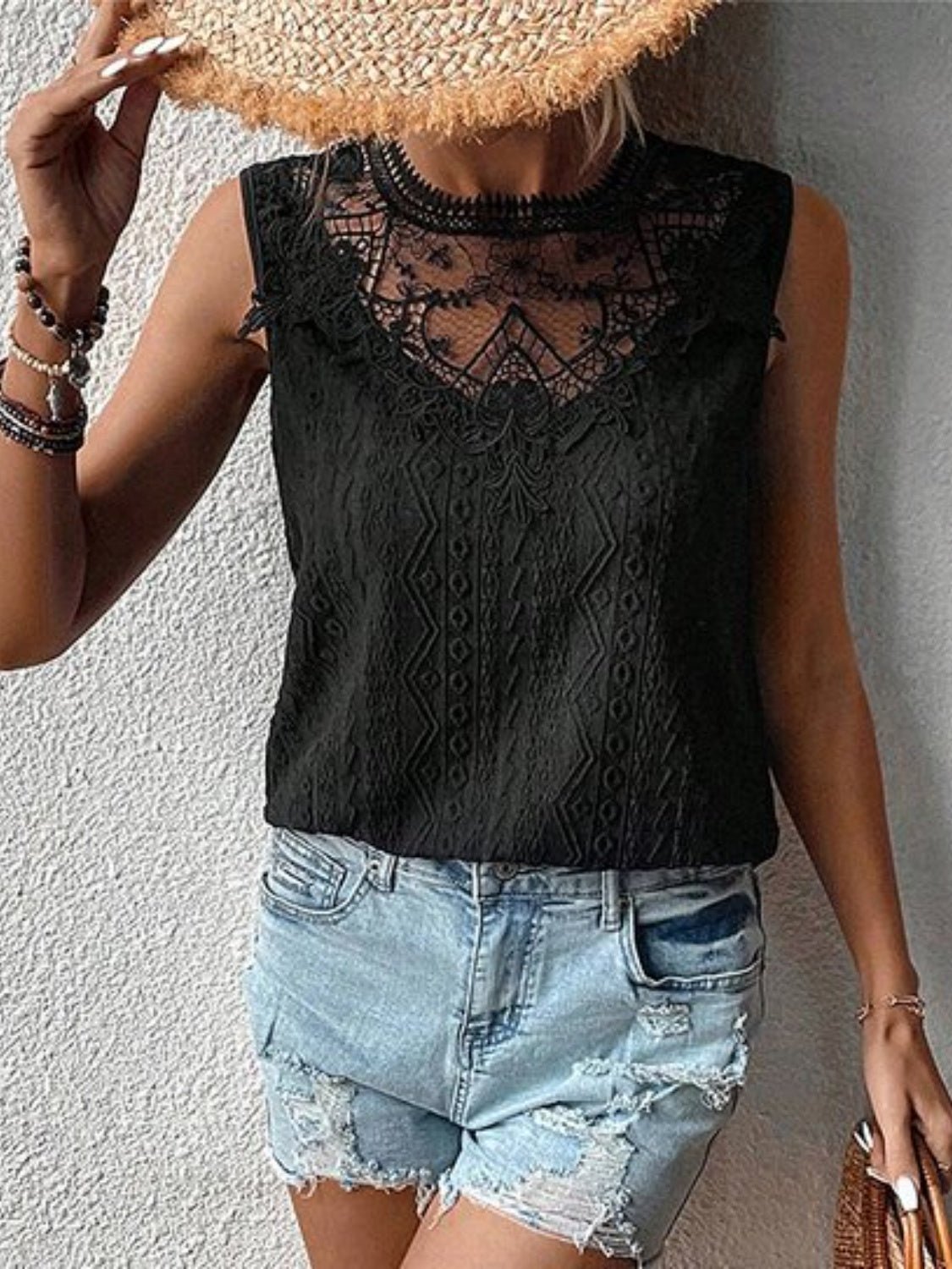 Lace Eyelet Sleeveless Top - Oh she Rose