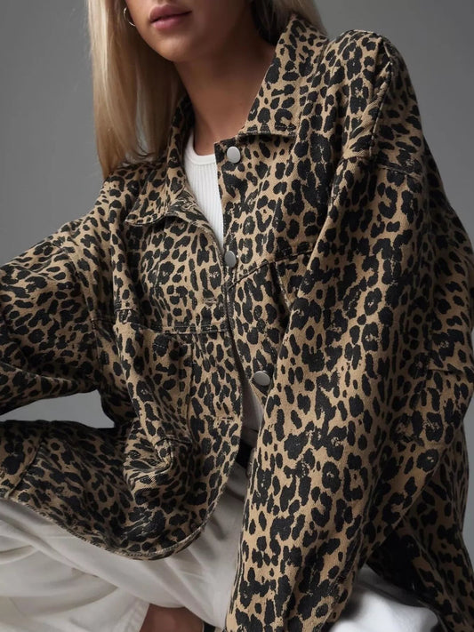 Leopard Button Up Long Sleeve Denim Jacket - Oh she Rose