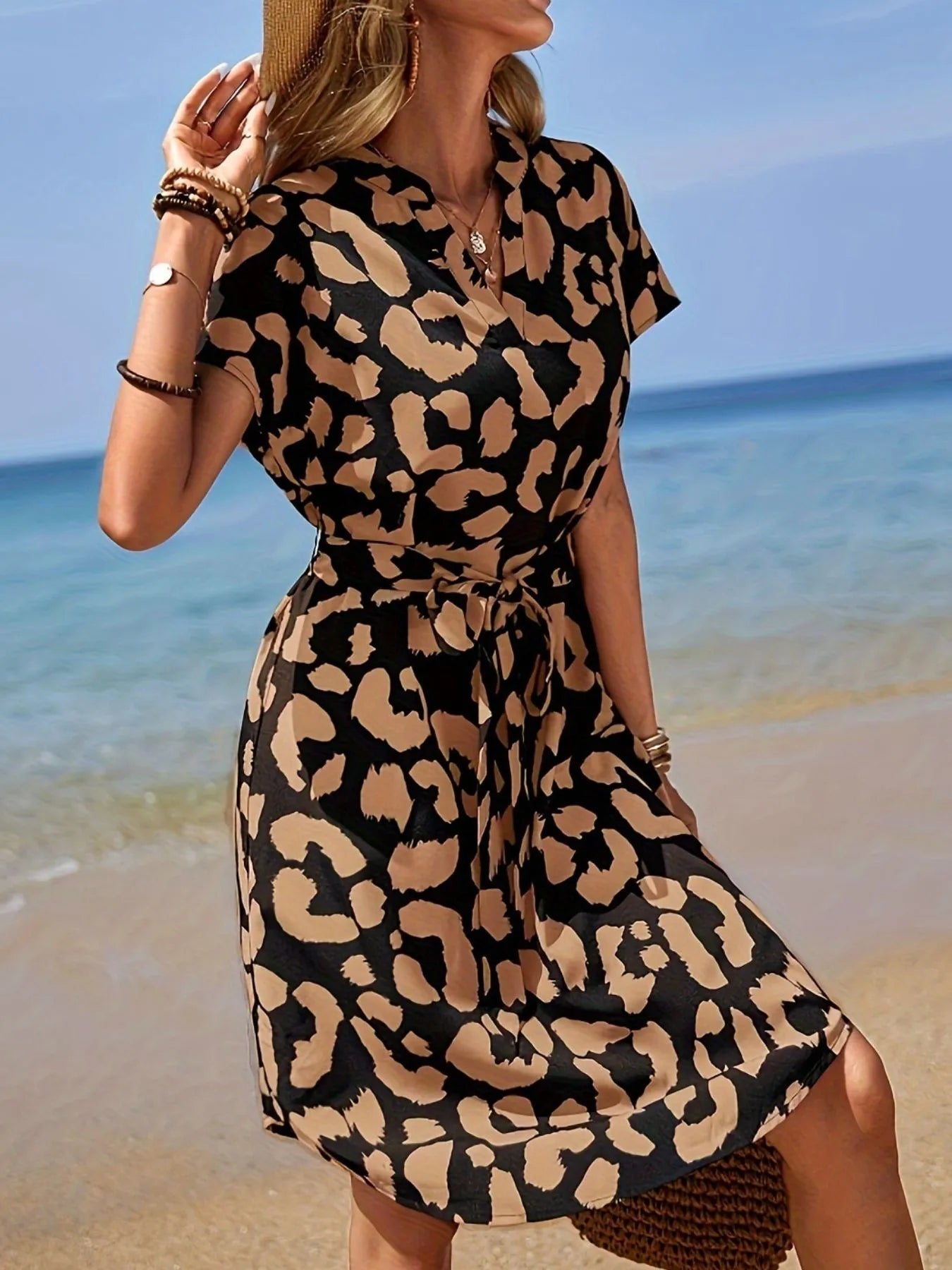 Leopard Notched Tie Waist Midi Dress - Oh she Rose