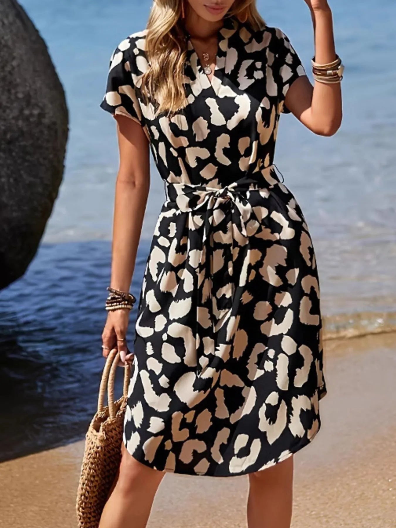 Leopard Notched Tie Waist Midi Dress - Oh she Rose