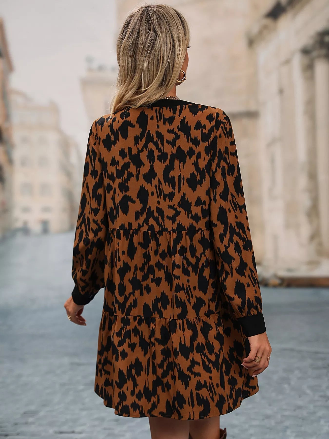 Leopard Tie Neck Long Sleeve Dress - Oh she Rose