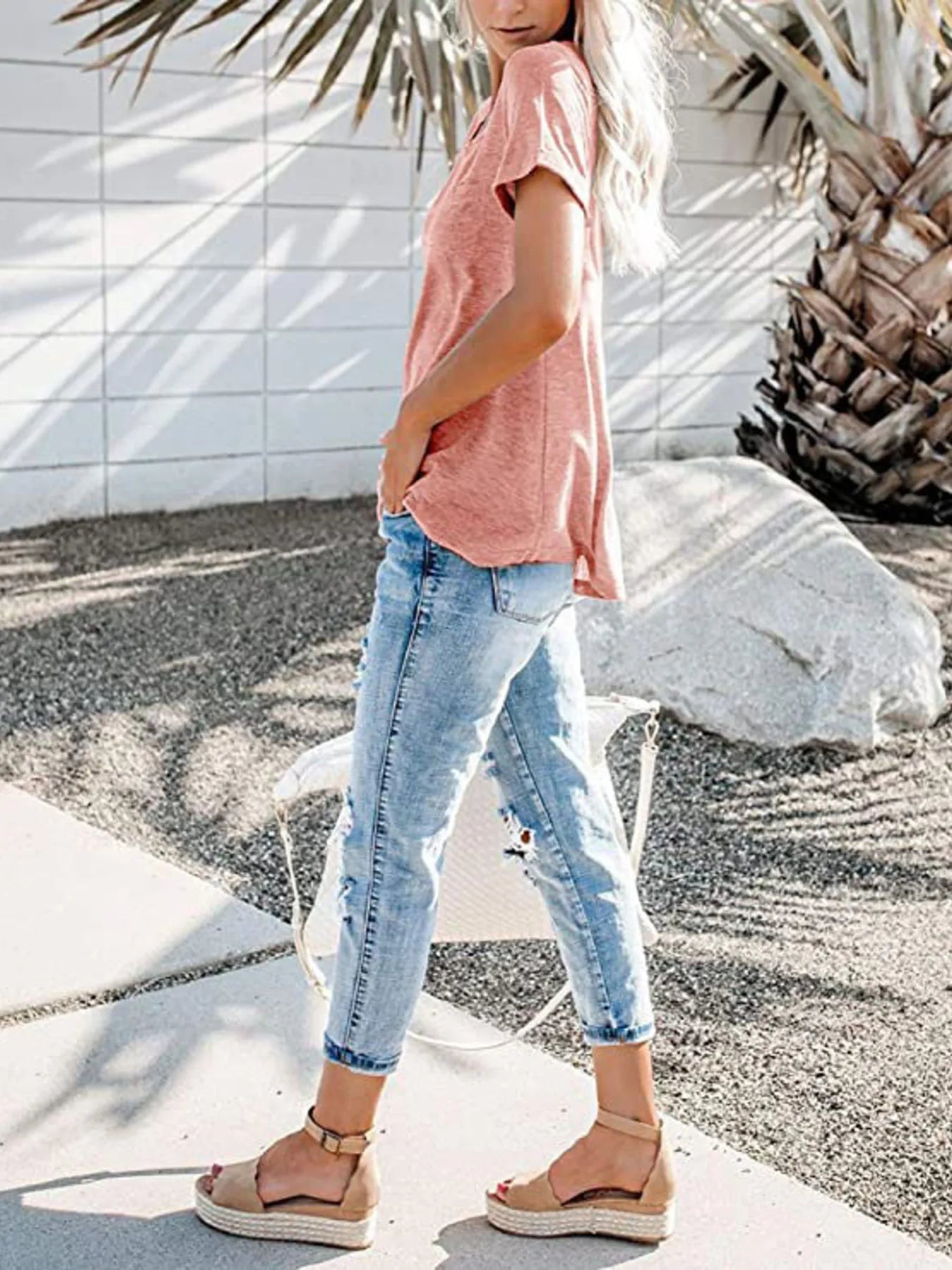 Notched Short Sleeve T-Shirt - Oh she Rose