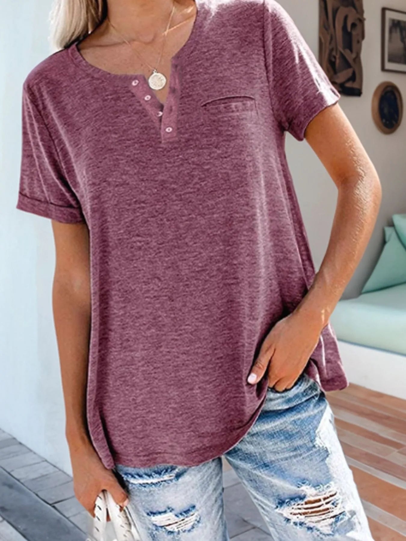 Notched Short Sleeve T-Shirt - Oh she Rose