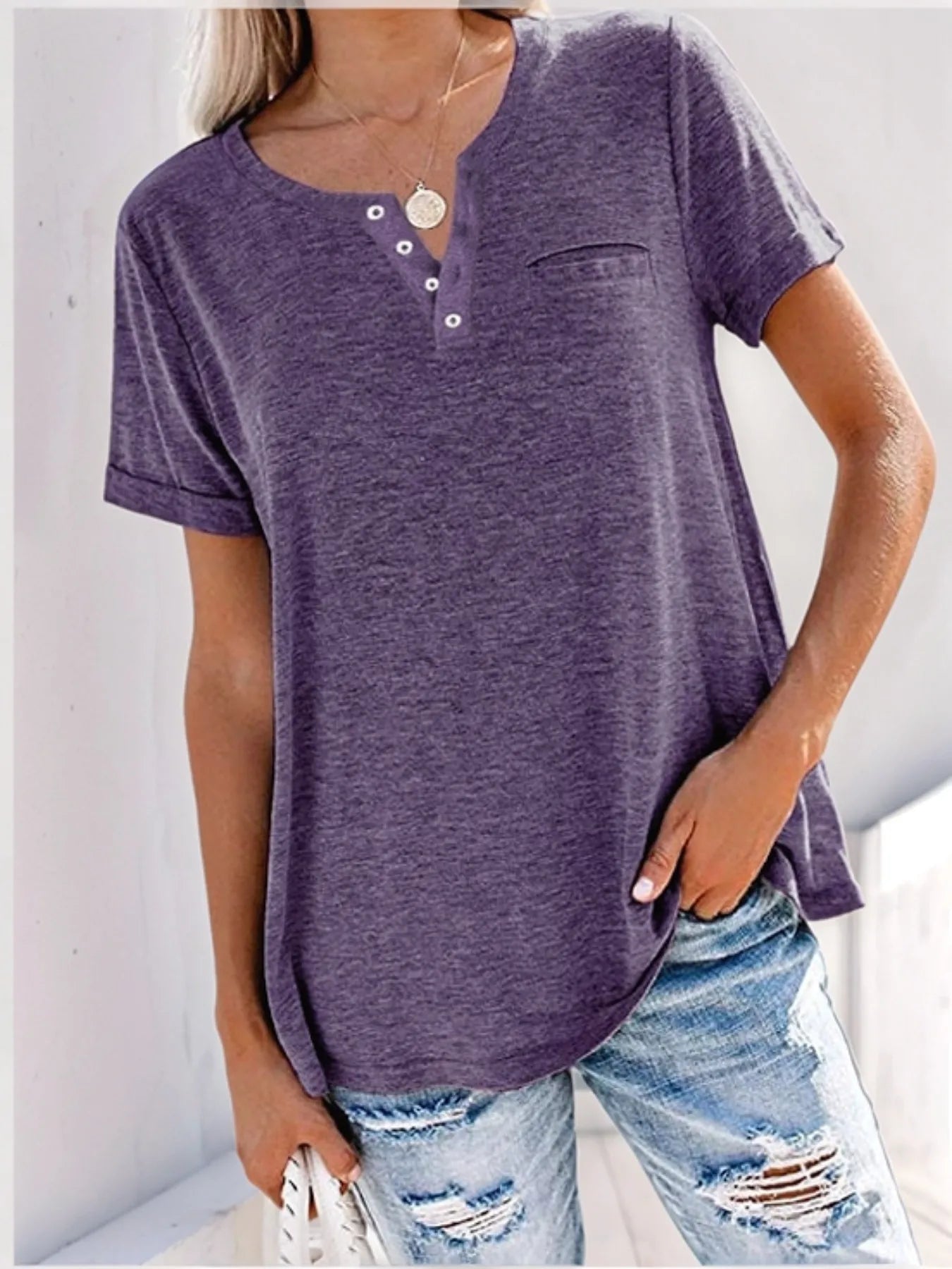 Notched Short Sleeve T-Shirt - Oh she Rose
