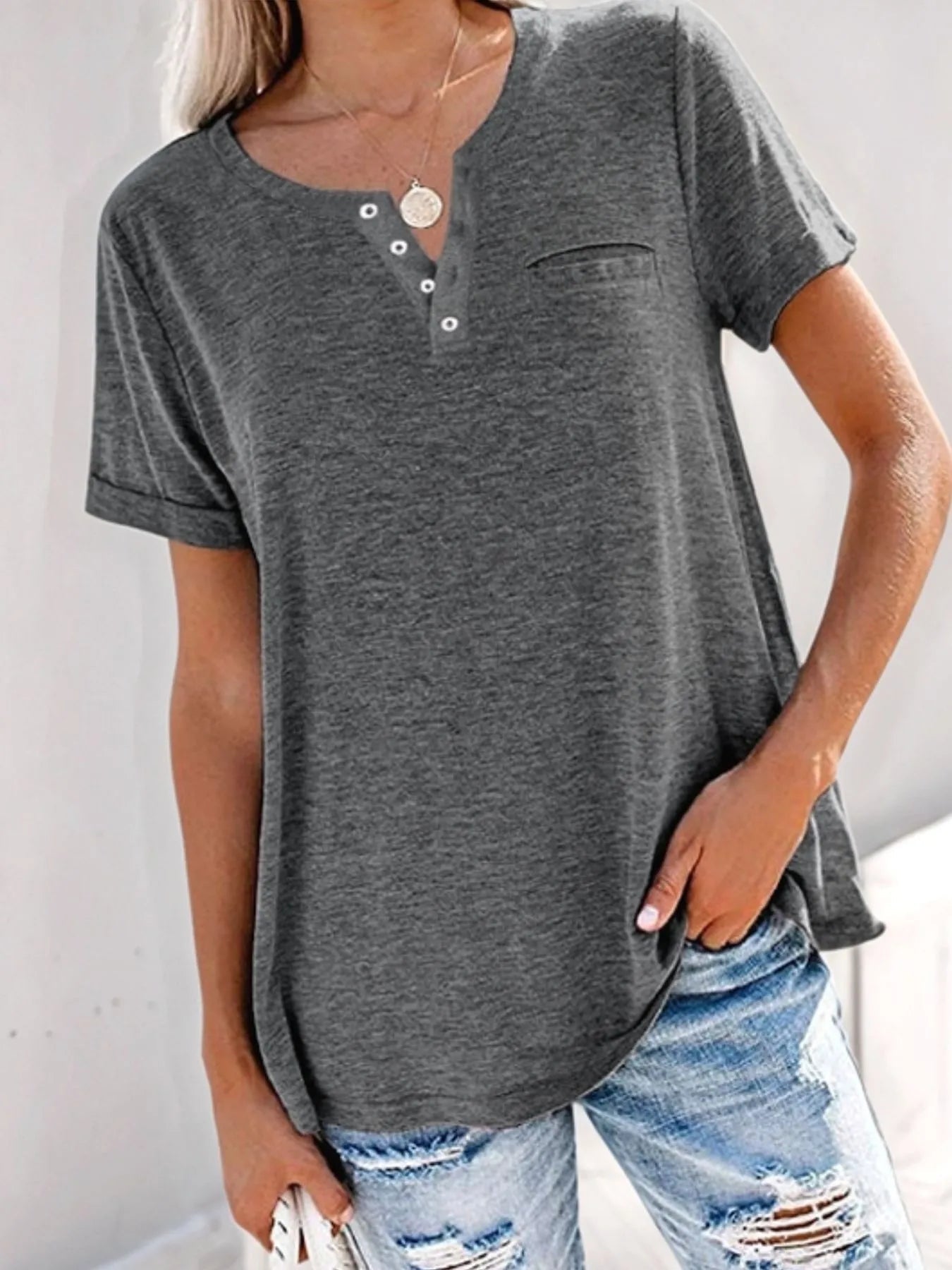 Notched Short Sleeve T-Shirt - Oh she Rose