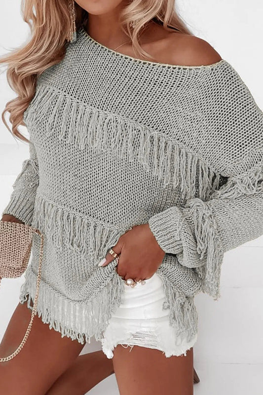 On the Fringe Boat Neck Sweater - Oh she Rose