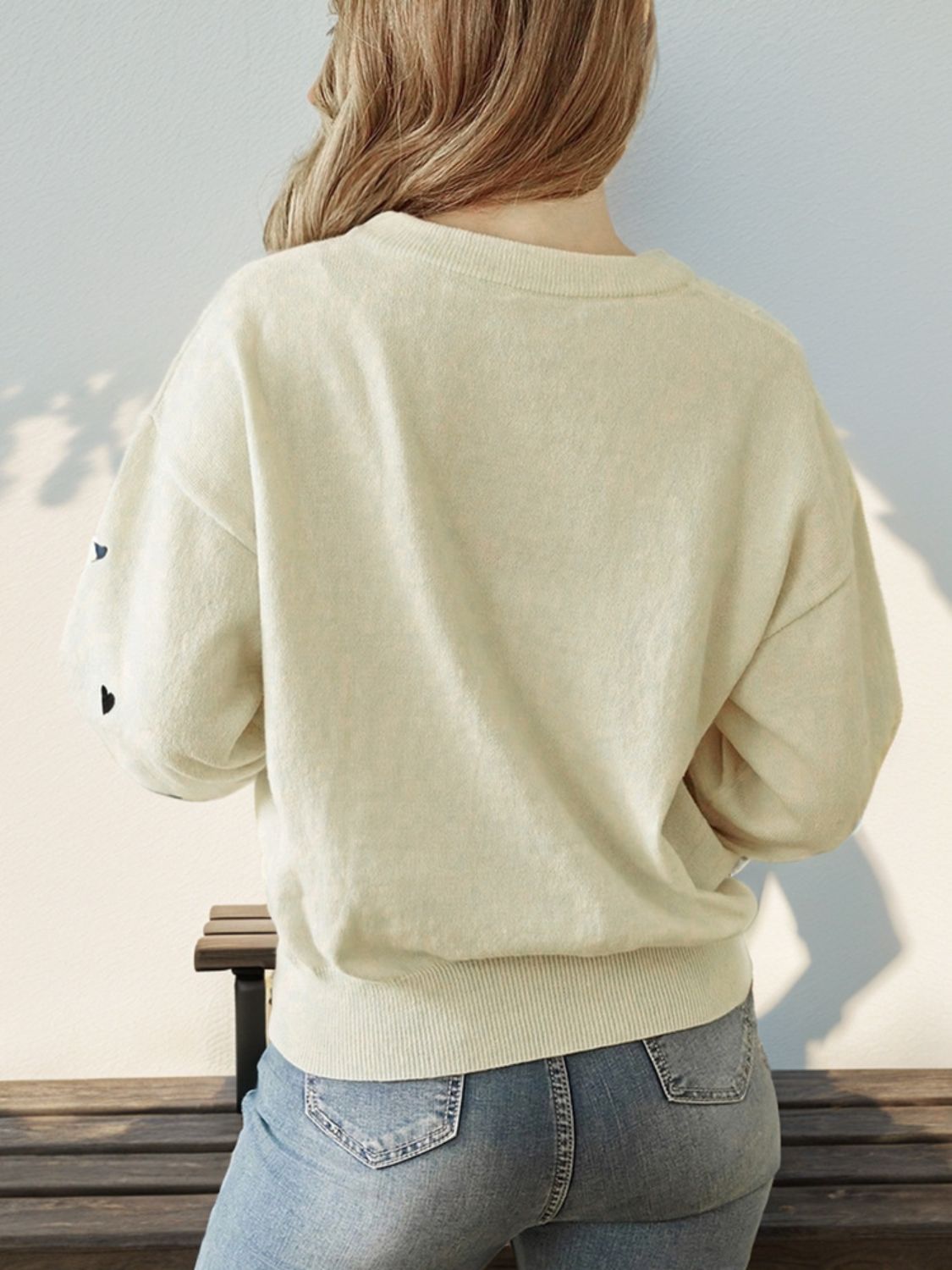 Perfee Heart Round Neck Long Sleeve Knit Top - Oh she Rose