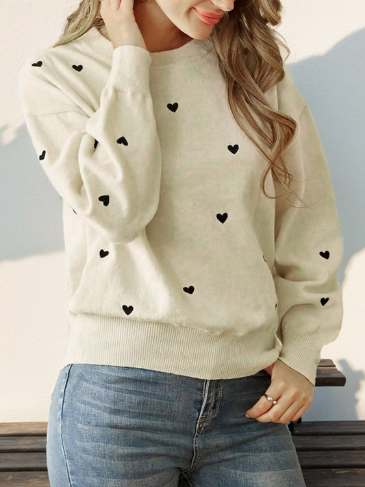 Perfee Heart Round Neck Long Sleeve Knit Top - Oh she Rose