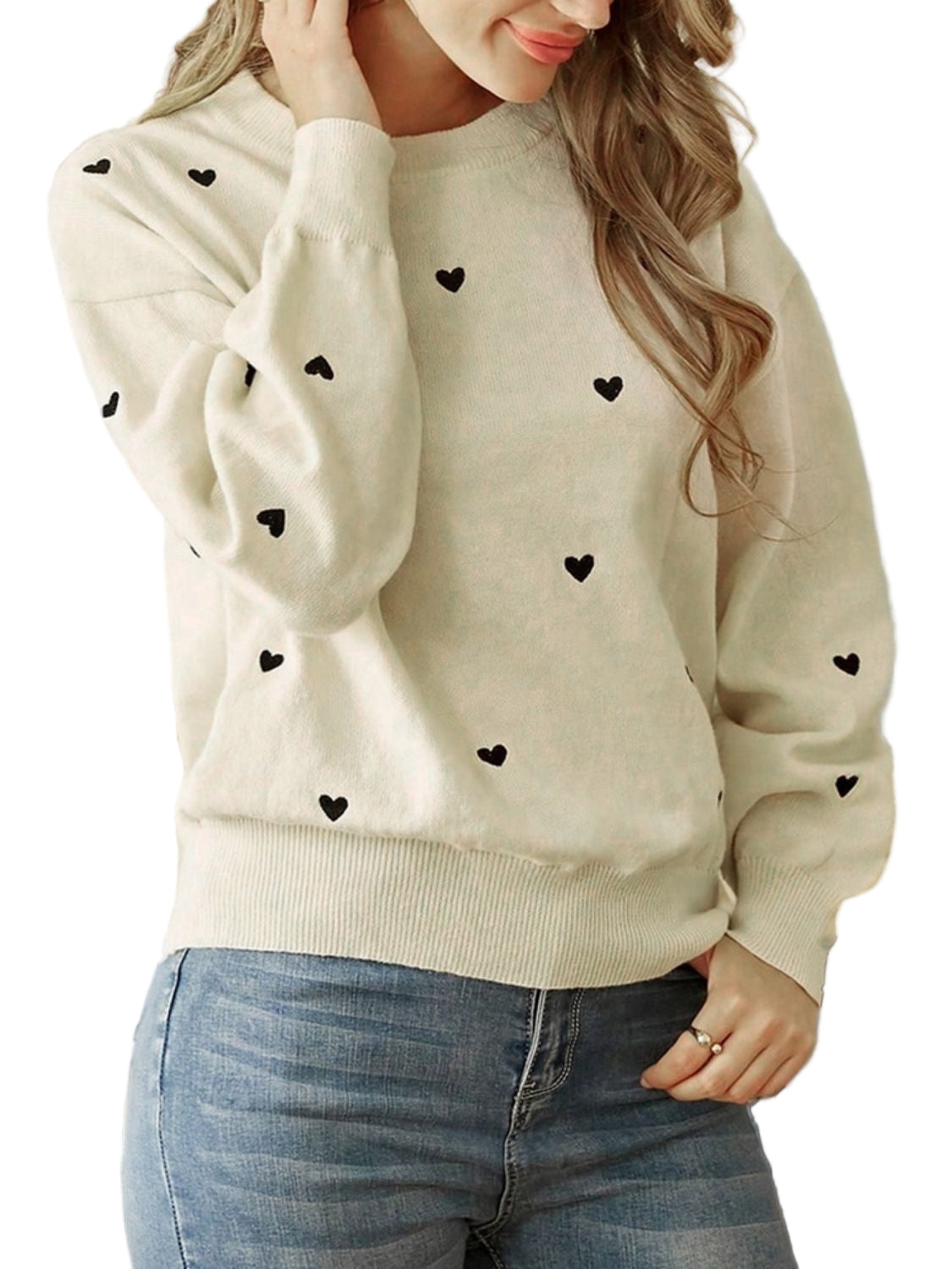 Perfee Heart Round Neck Long Sleeve Knit Top - Oh she Rose