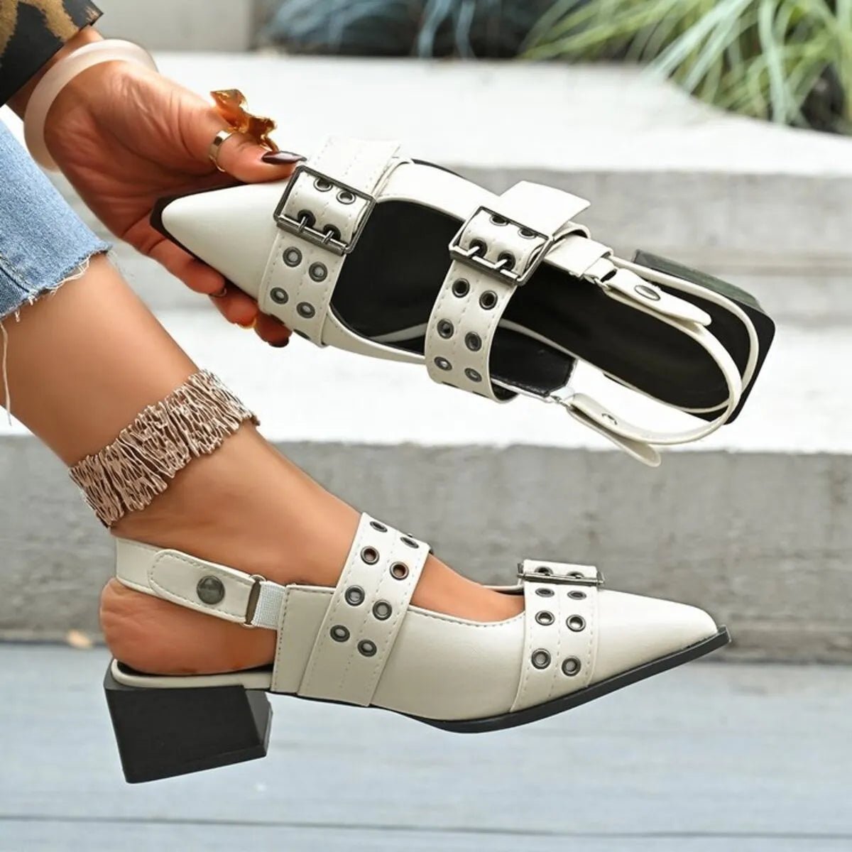 Point Toe Block Heels Slingback Pumps - Oh she Rose