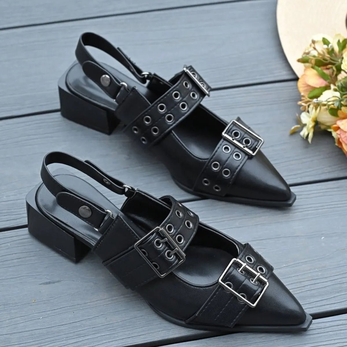 Point Toe Block Heels Slingback Pumps - Oh she Rose
