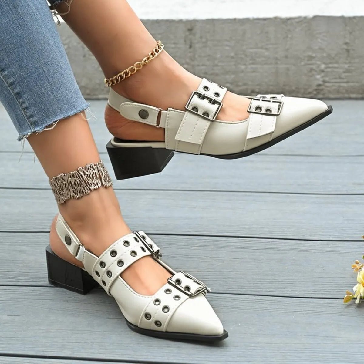 Point Toe Block Heels Slingback Pumps - Oh she Rose