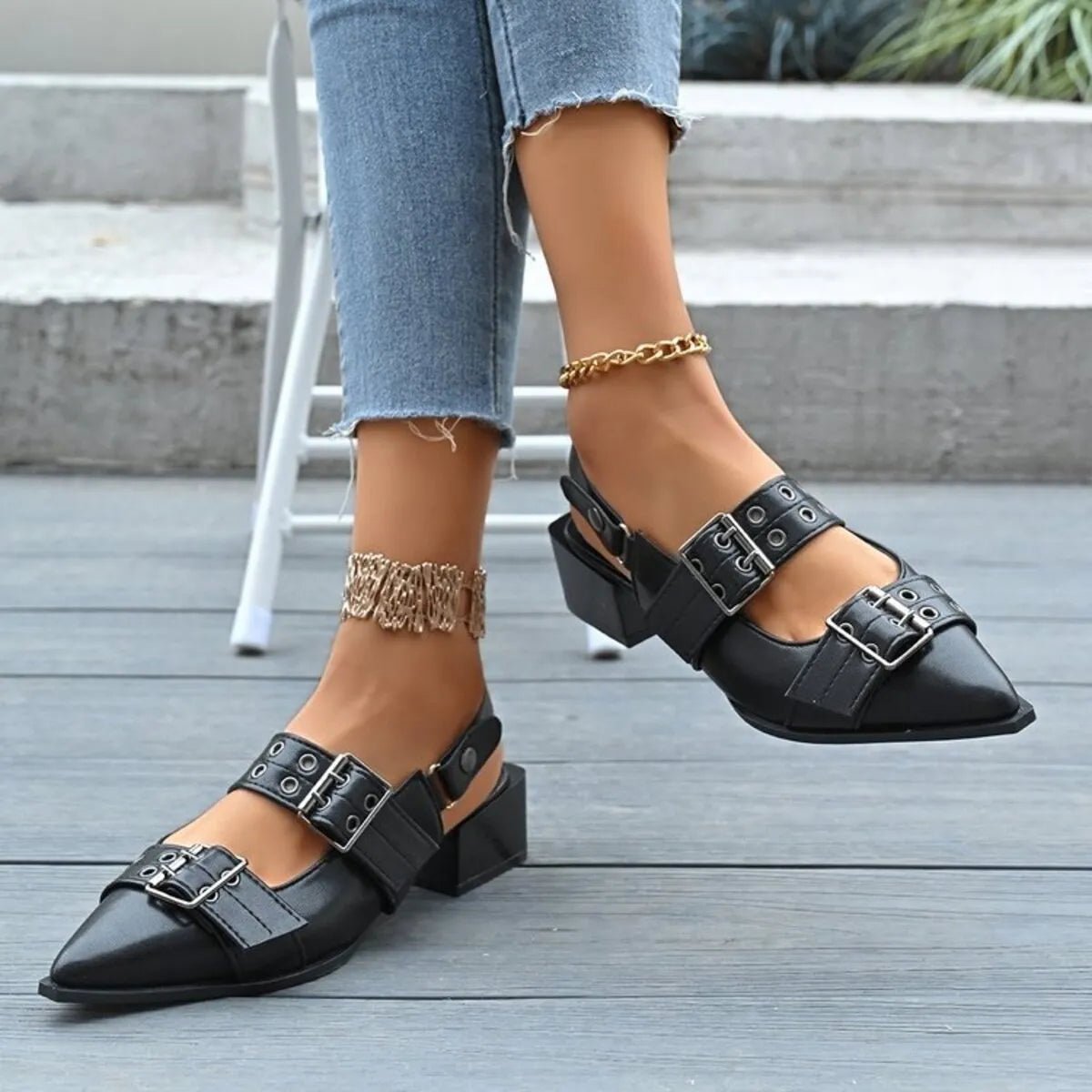Point Toe Block Heels Slingback Pumps - Oh she Rose