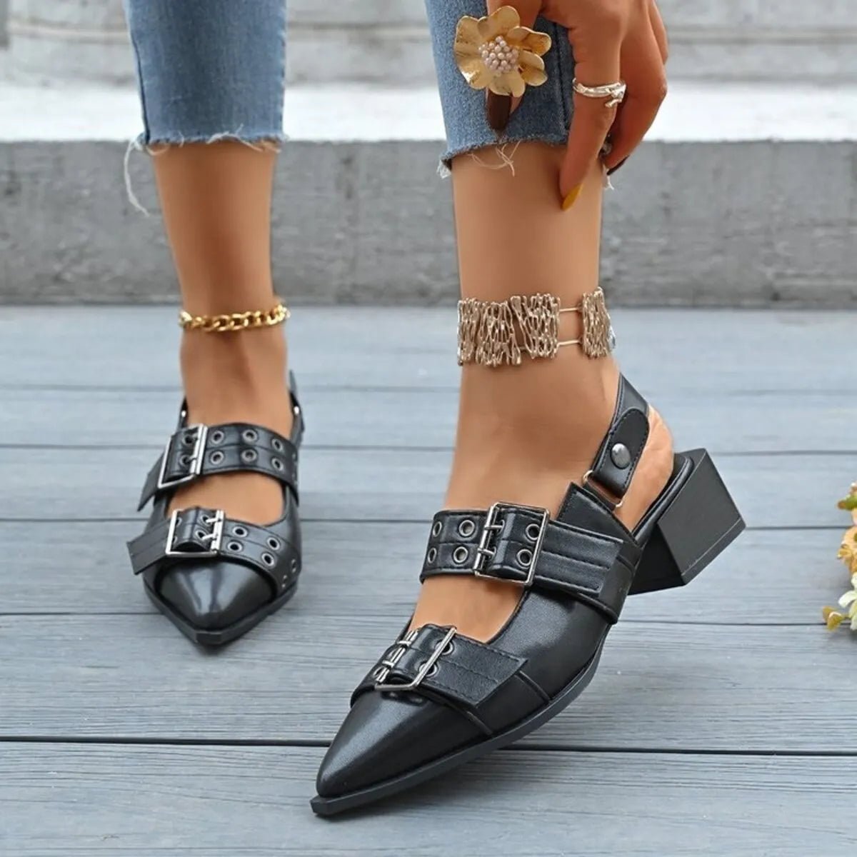 Point Toe Block Heels Slingback Pumps - Oh she Rose