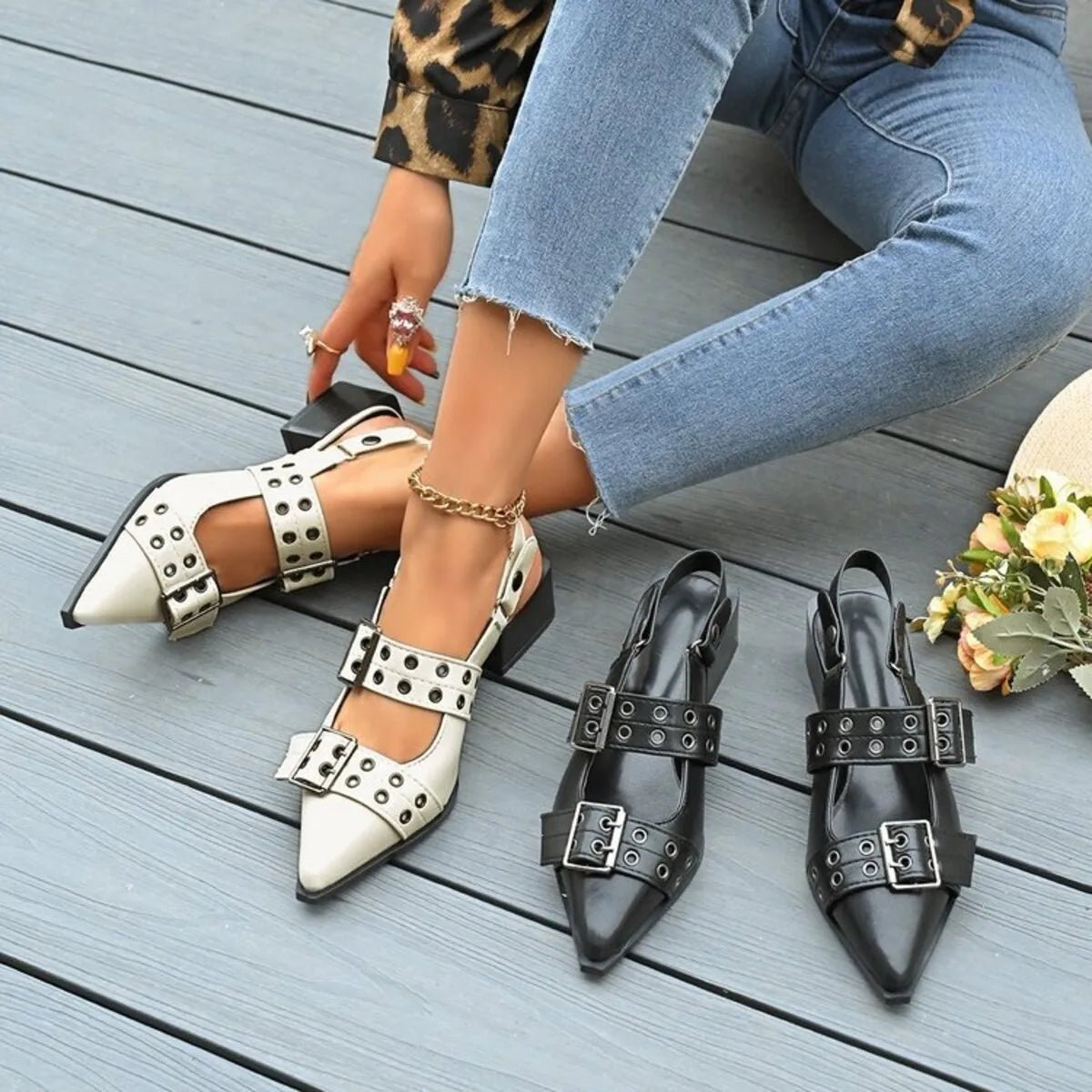 Point Toe Block Heels Slingback Pumps - Oh she Rose