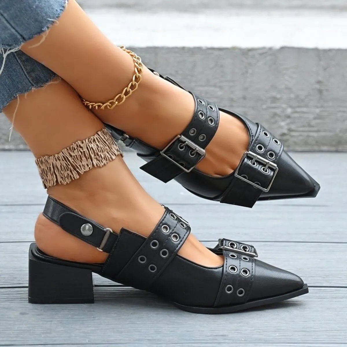 Point Toe Block Heels Slingback Pumps - Oh she Rose