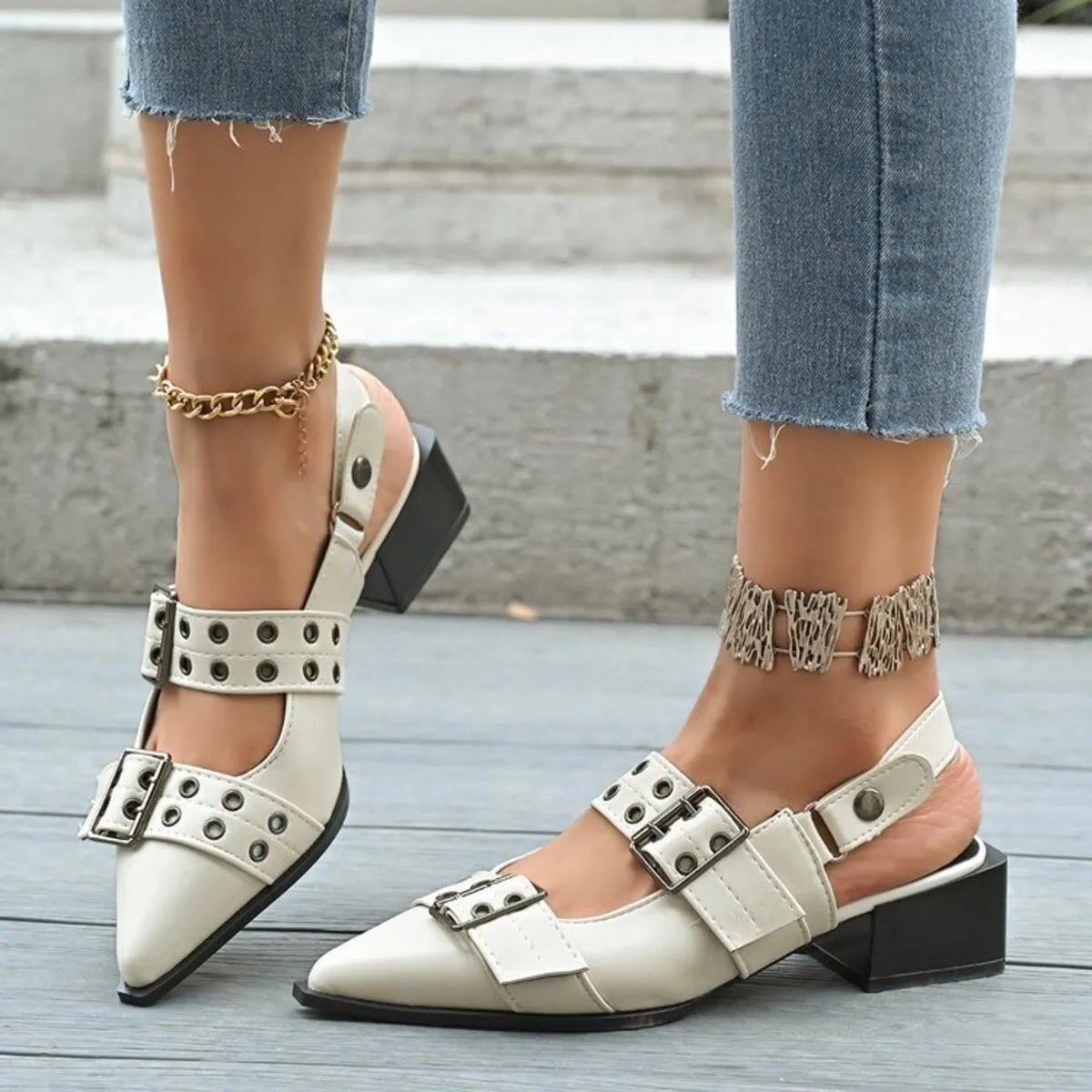Point Toe Block Heels Slingback Pumps - Oh she Rose