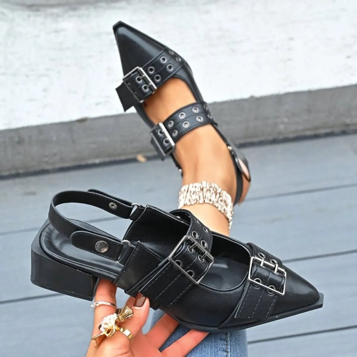 Point Toe Block Heels Slingback Pumps - Oh she Rose