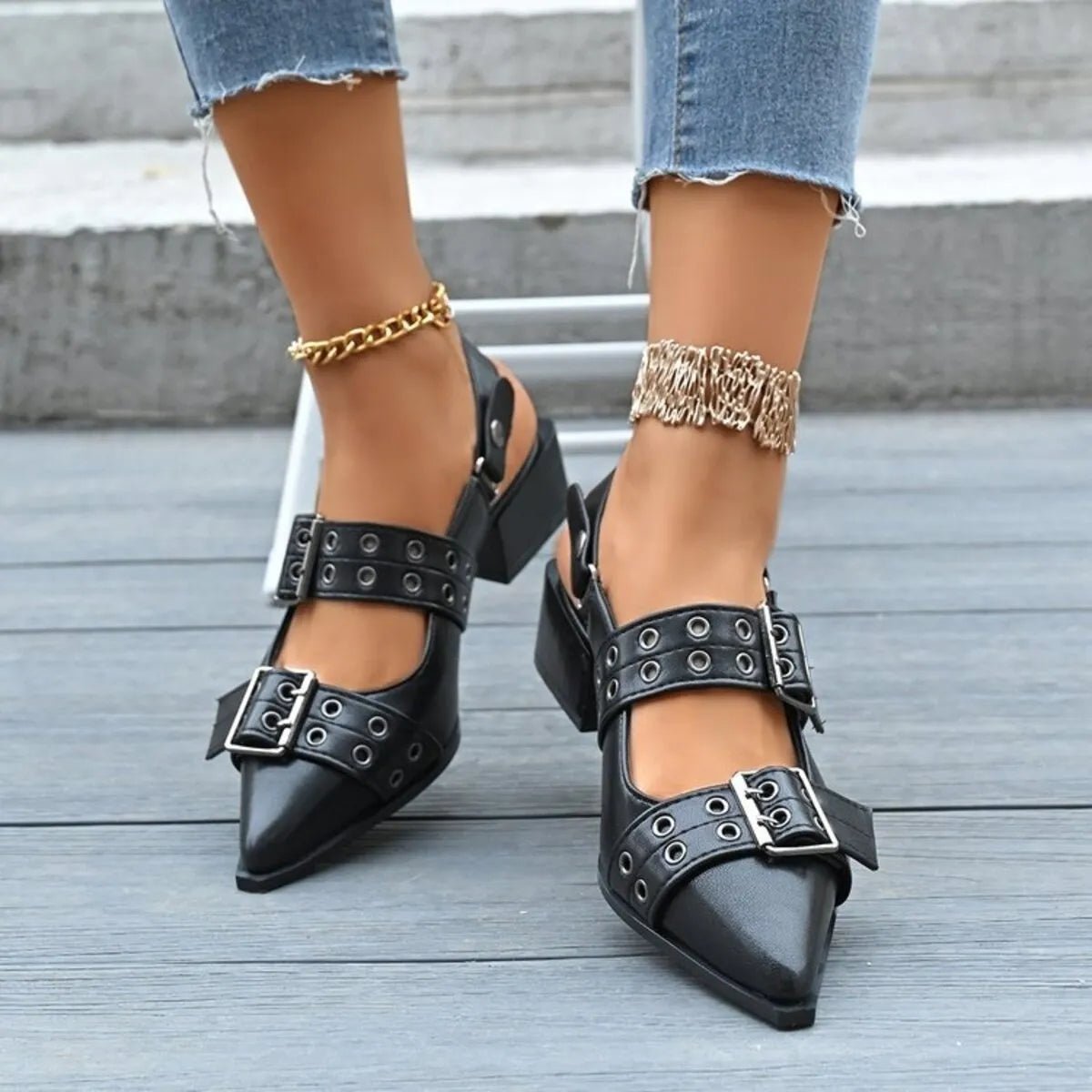 Point Toe Block Heels Slingback Pumps - Oh she Rose