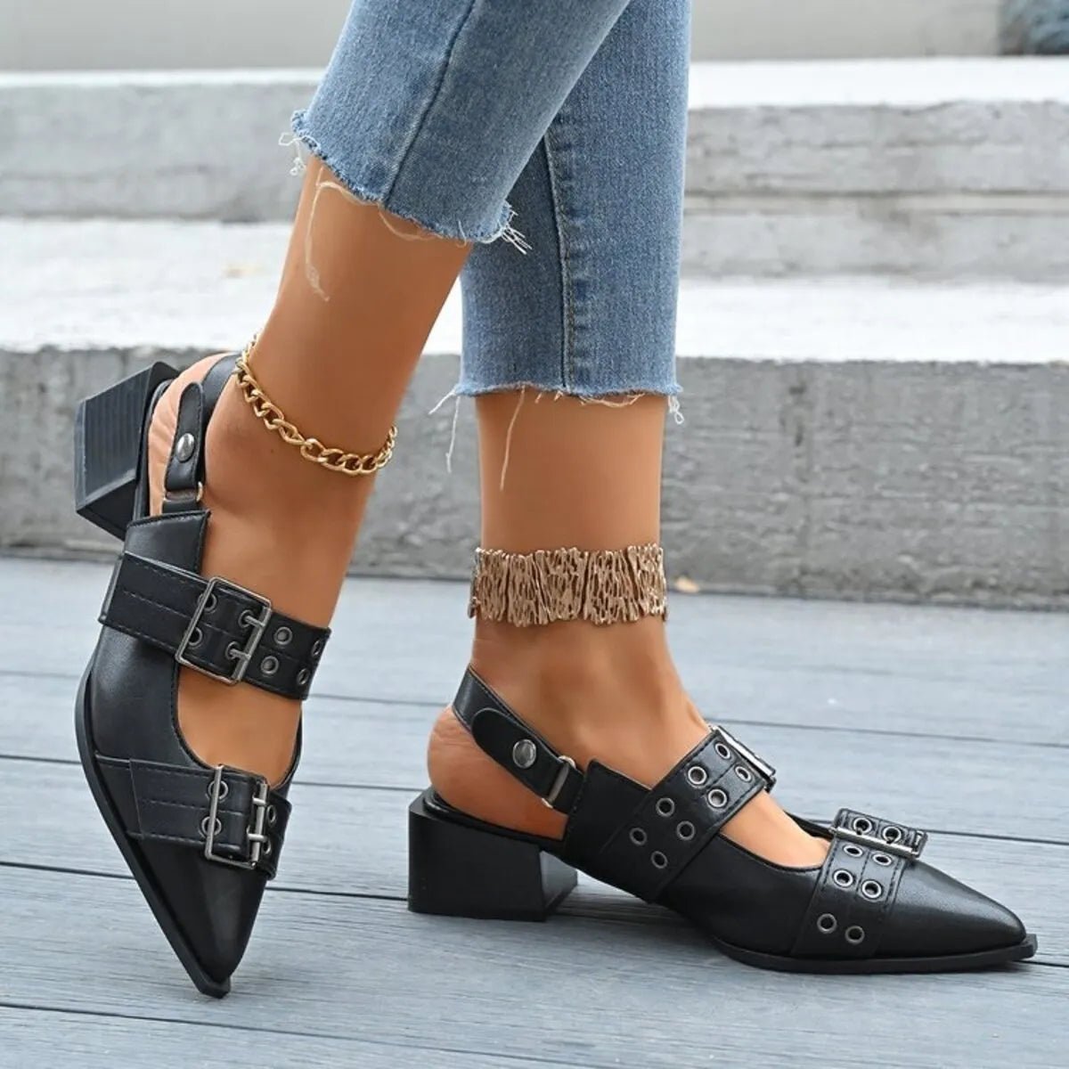 Point Toe Block Heels Slingback Pumps - Oh she Rose