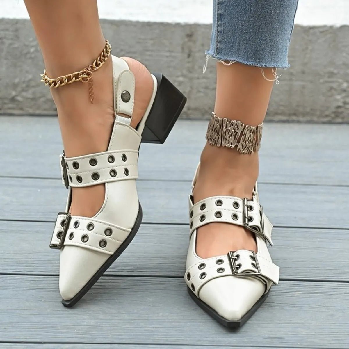 Point Toe Block Heels Slingback Pumps - Oh she Rose