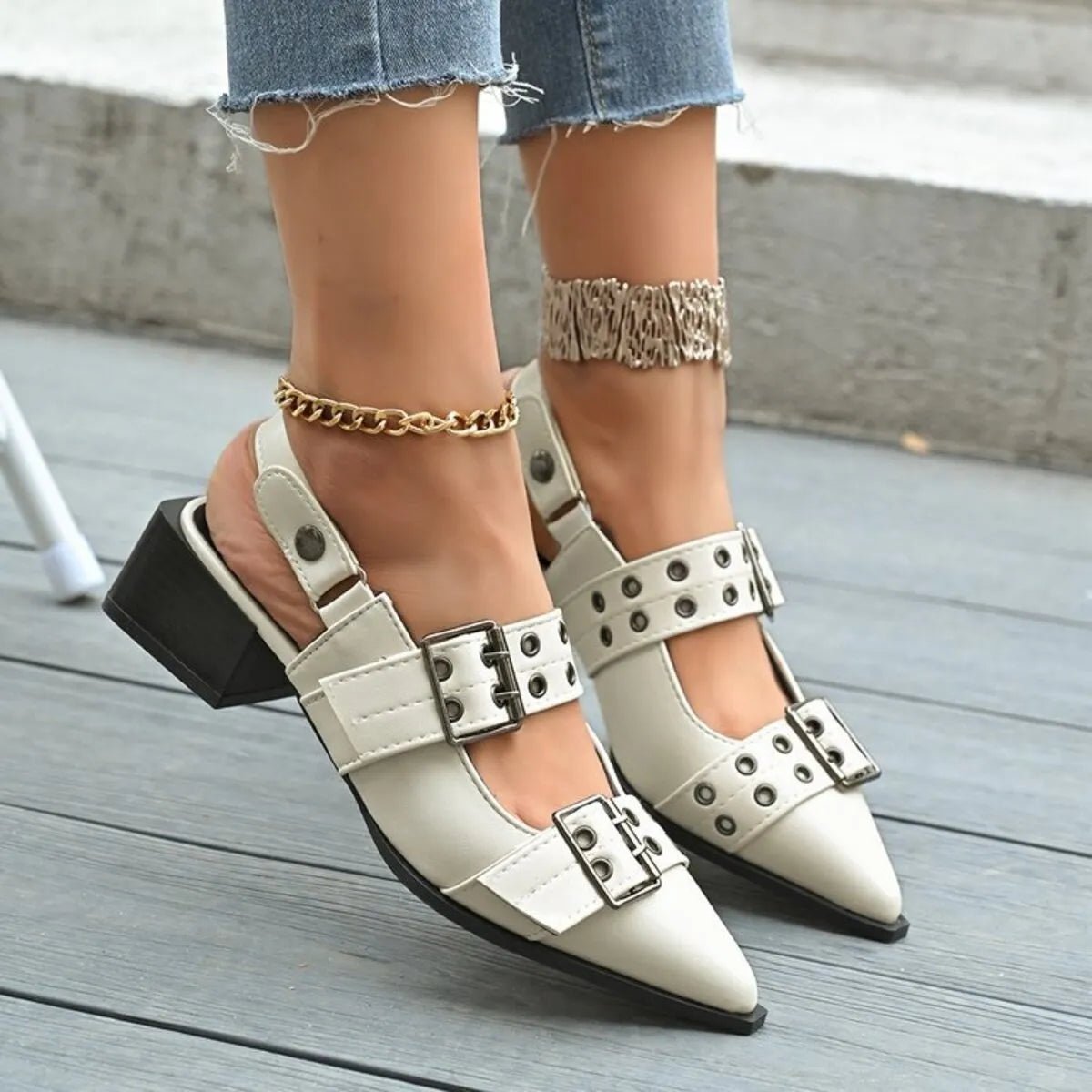 Point Toe Block Heels Slingback Pumps - Oh she Rose