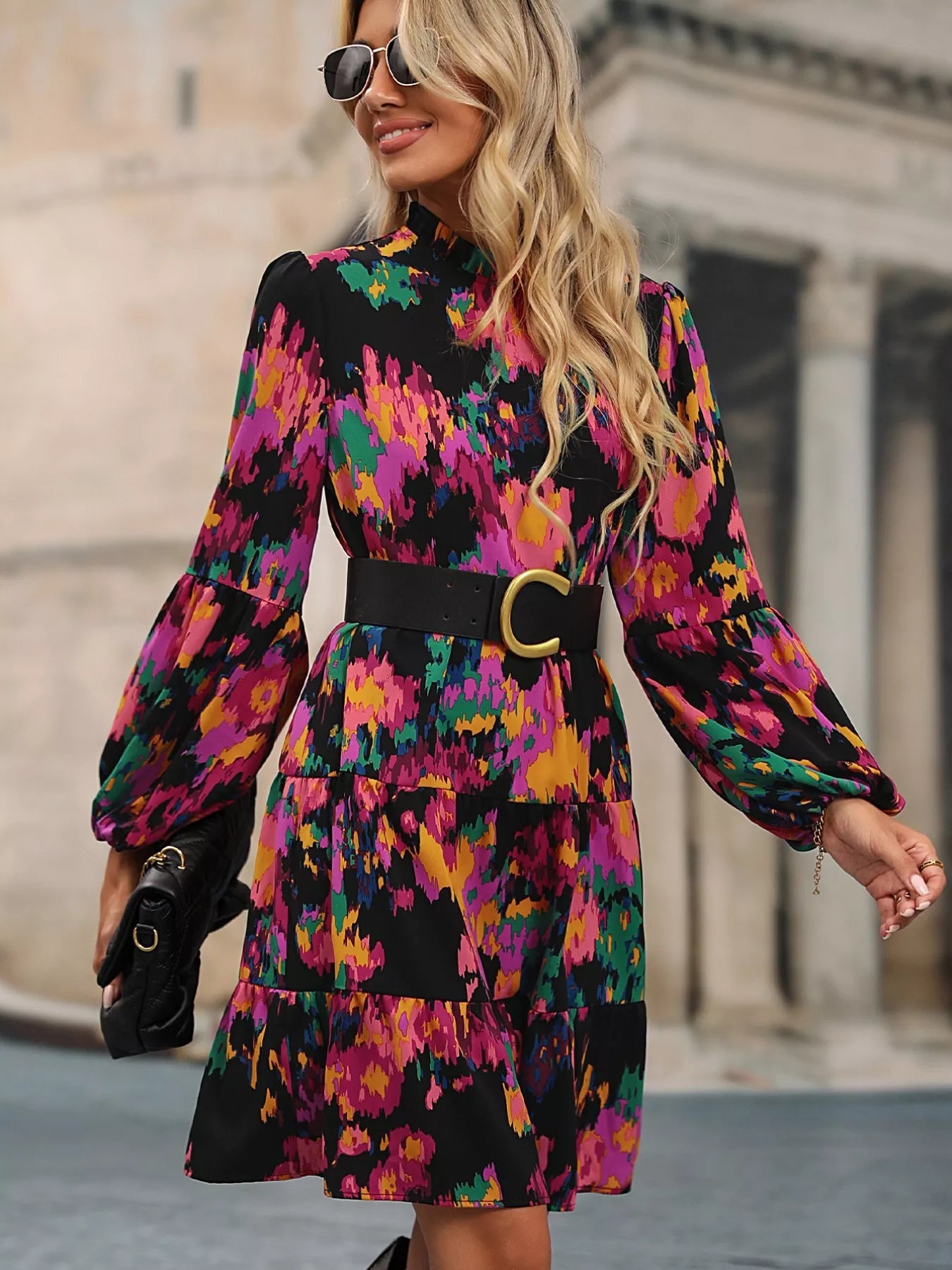 Printed Balloon Sleeve Mini Dress - Oh she Rose