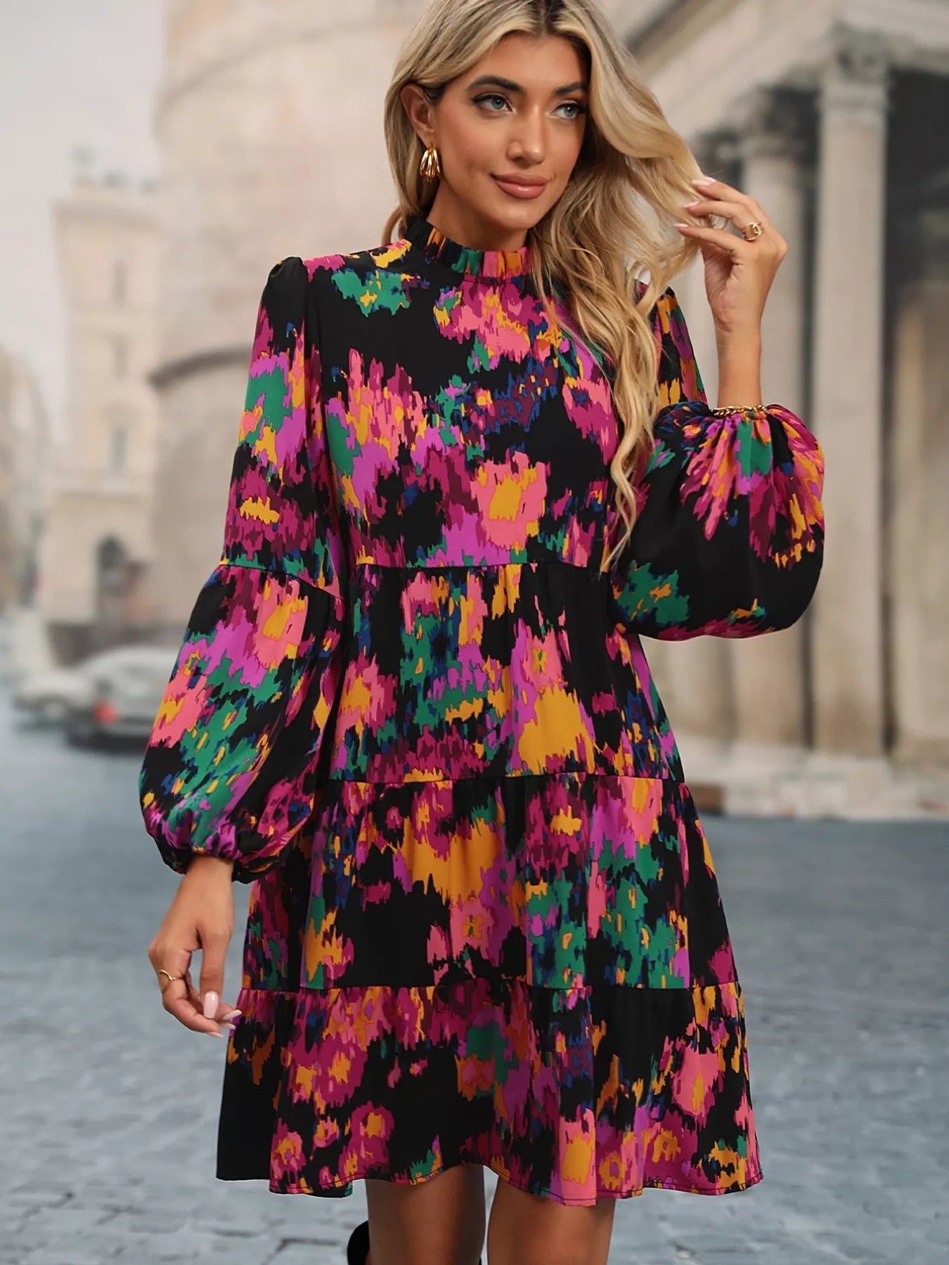 Printed Balloon Sleeve Mini Dress - Oh she Rose