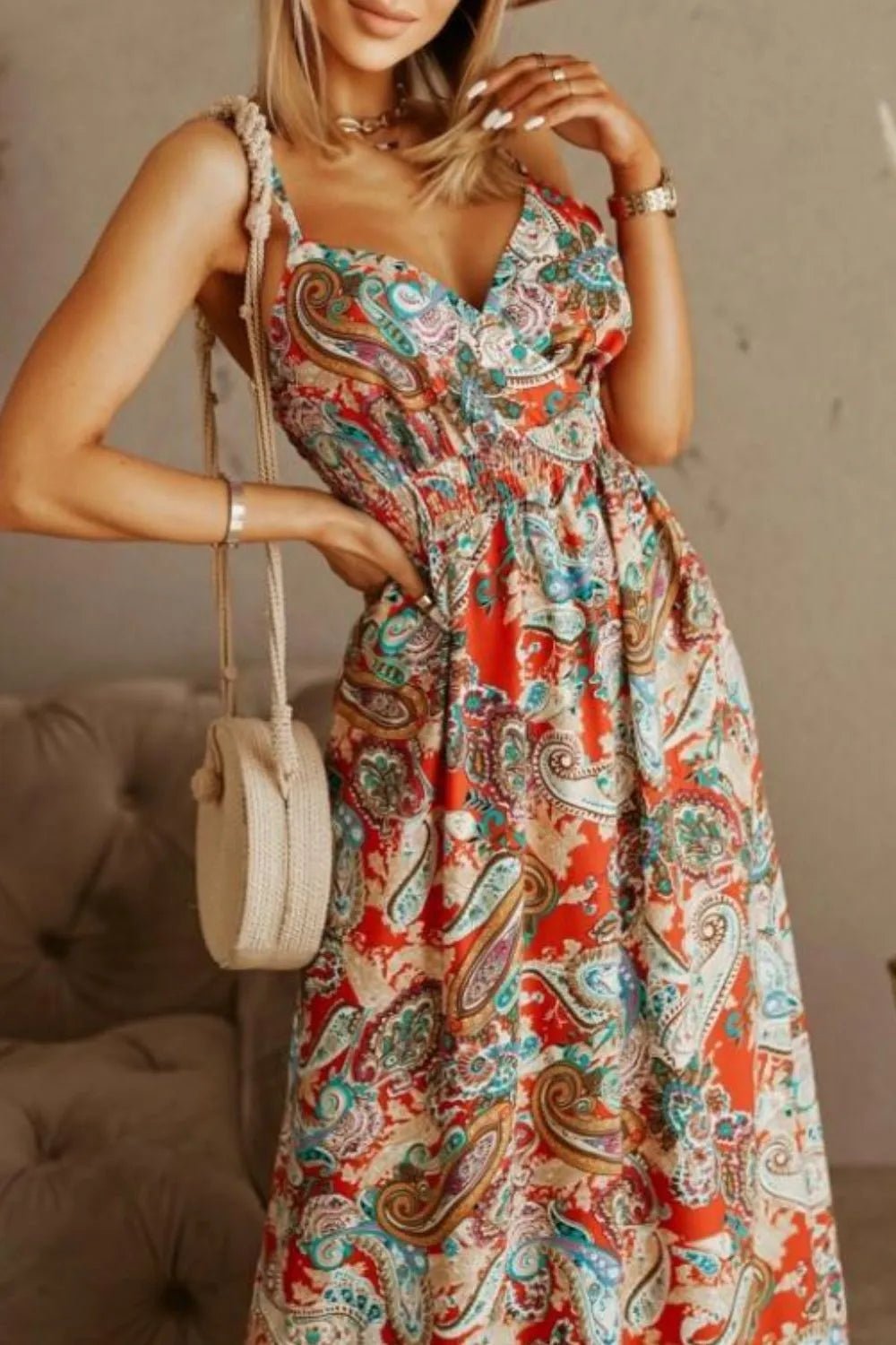 Printed Spaghetti Strap Maxi Dress - Oh she Rose