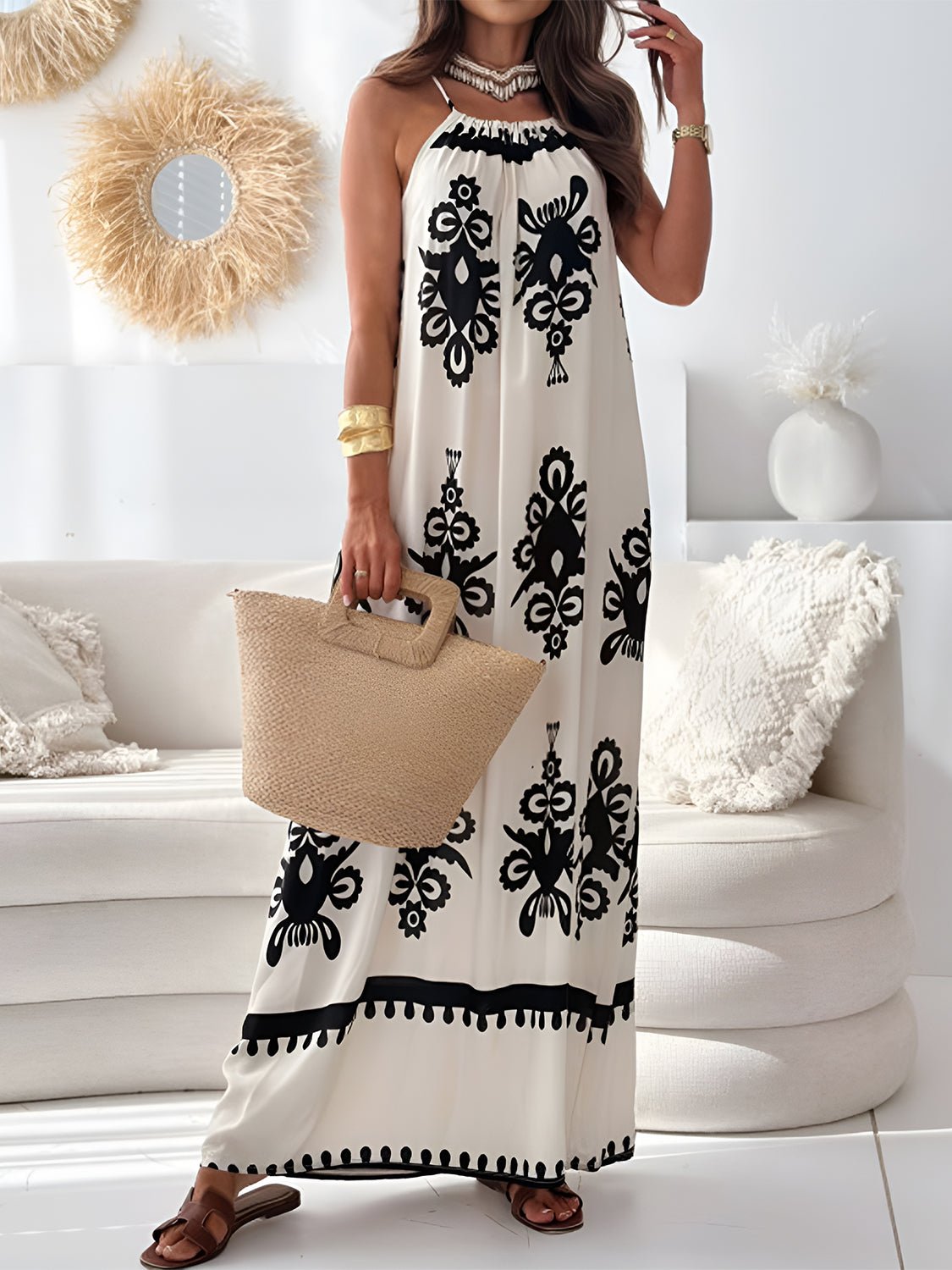 Printed Spaghetti Strap Maxi Dress - Oh she Rose