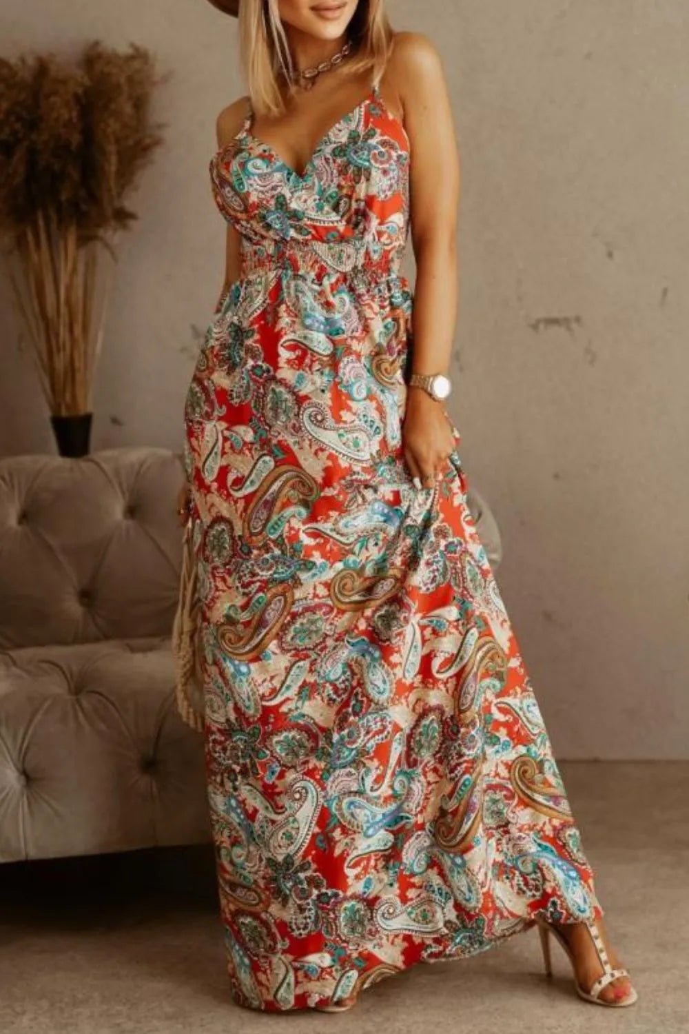 Printed Spaghetti Strap Maxi Dress - Oh she Rose