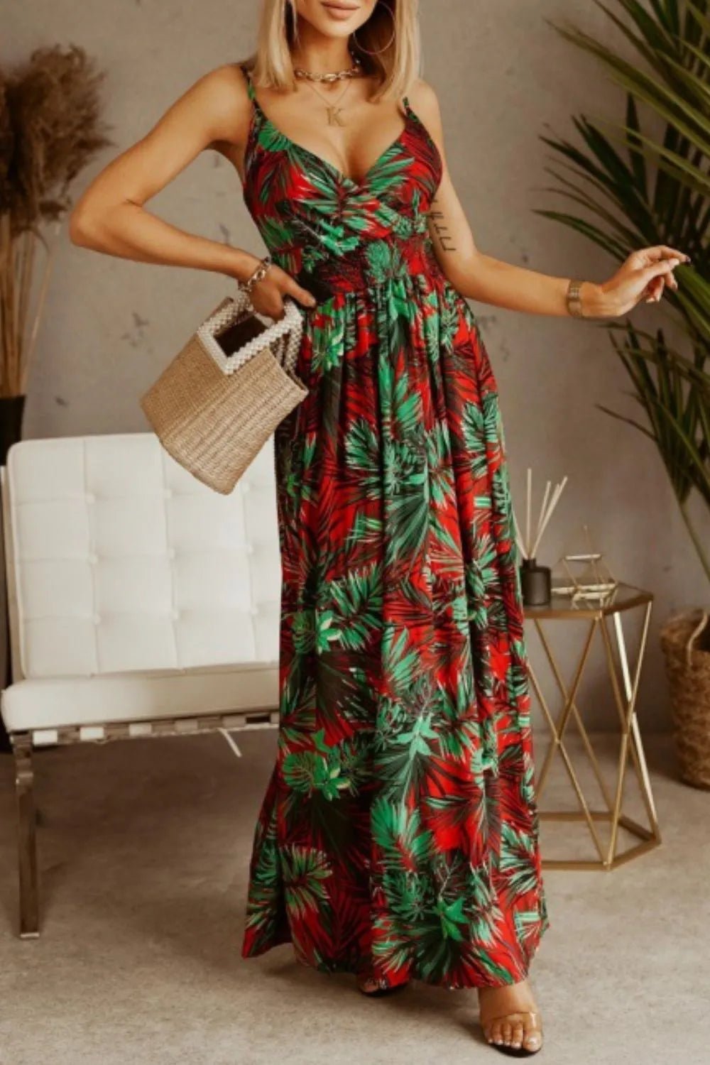 Printed Spaghetti Strap Maxi Dress - Oh she Rose