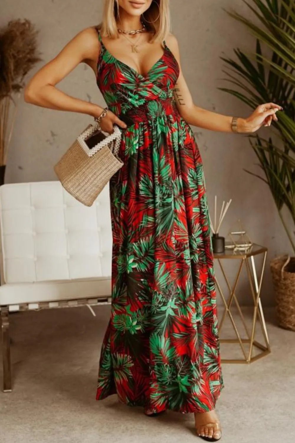 Printed Spaghetti Strap Maxi Dress - Oh she Rose