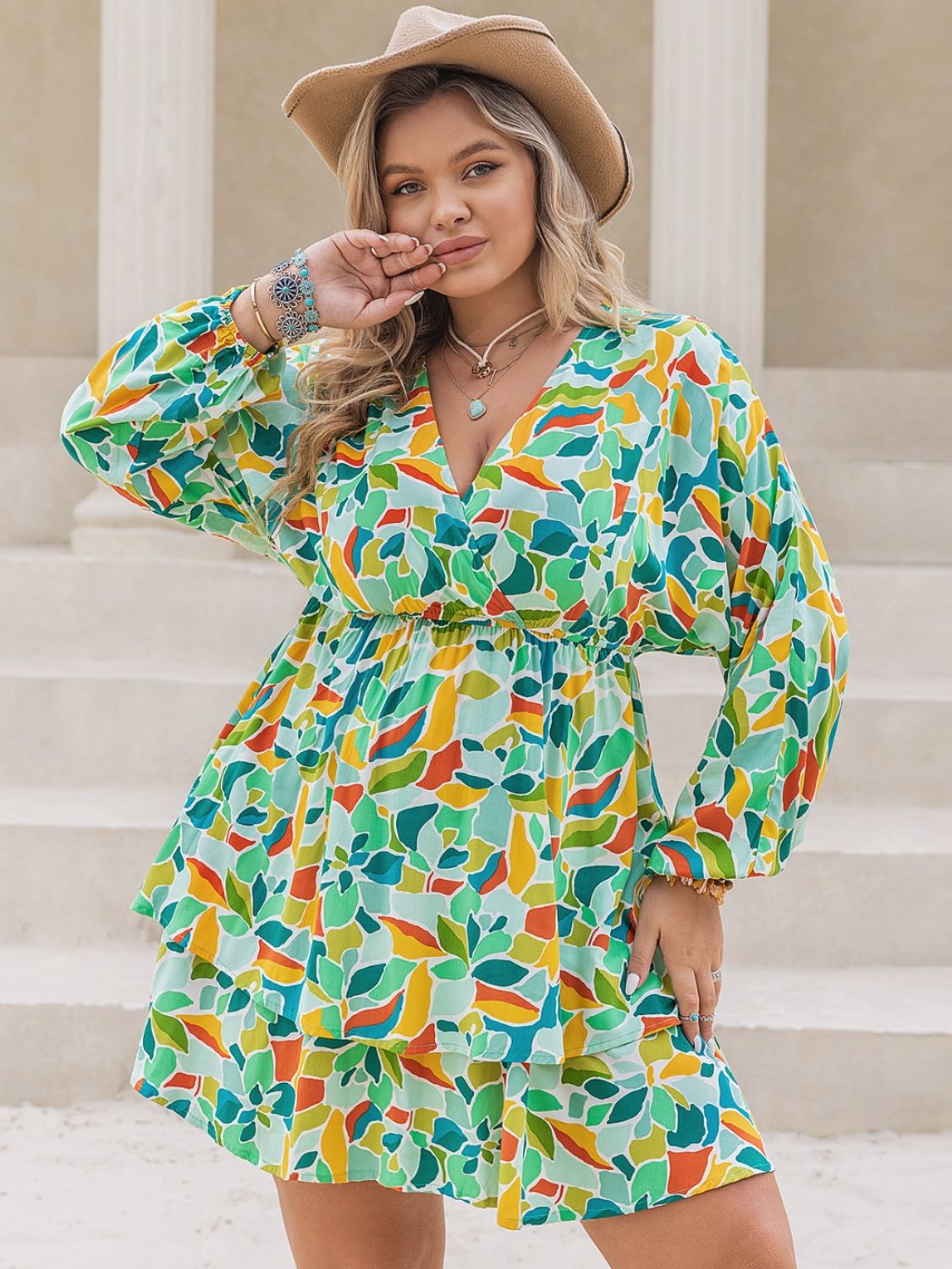 Printed Surplice Long Sleeve Mini Dress - Oh she Rose