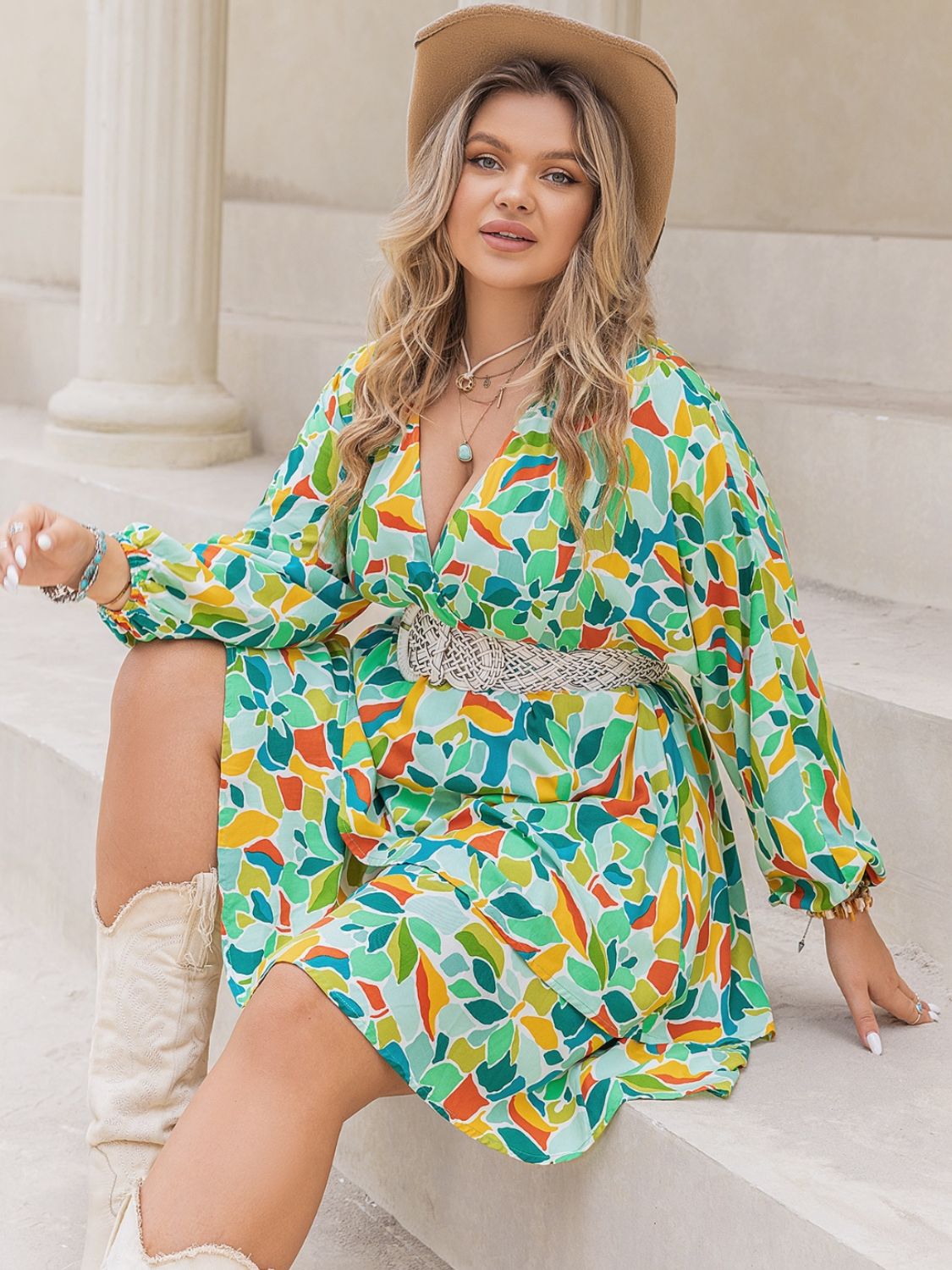 Printed Surplice Long Sleeve Mini Dress - Oh she Rose