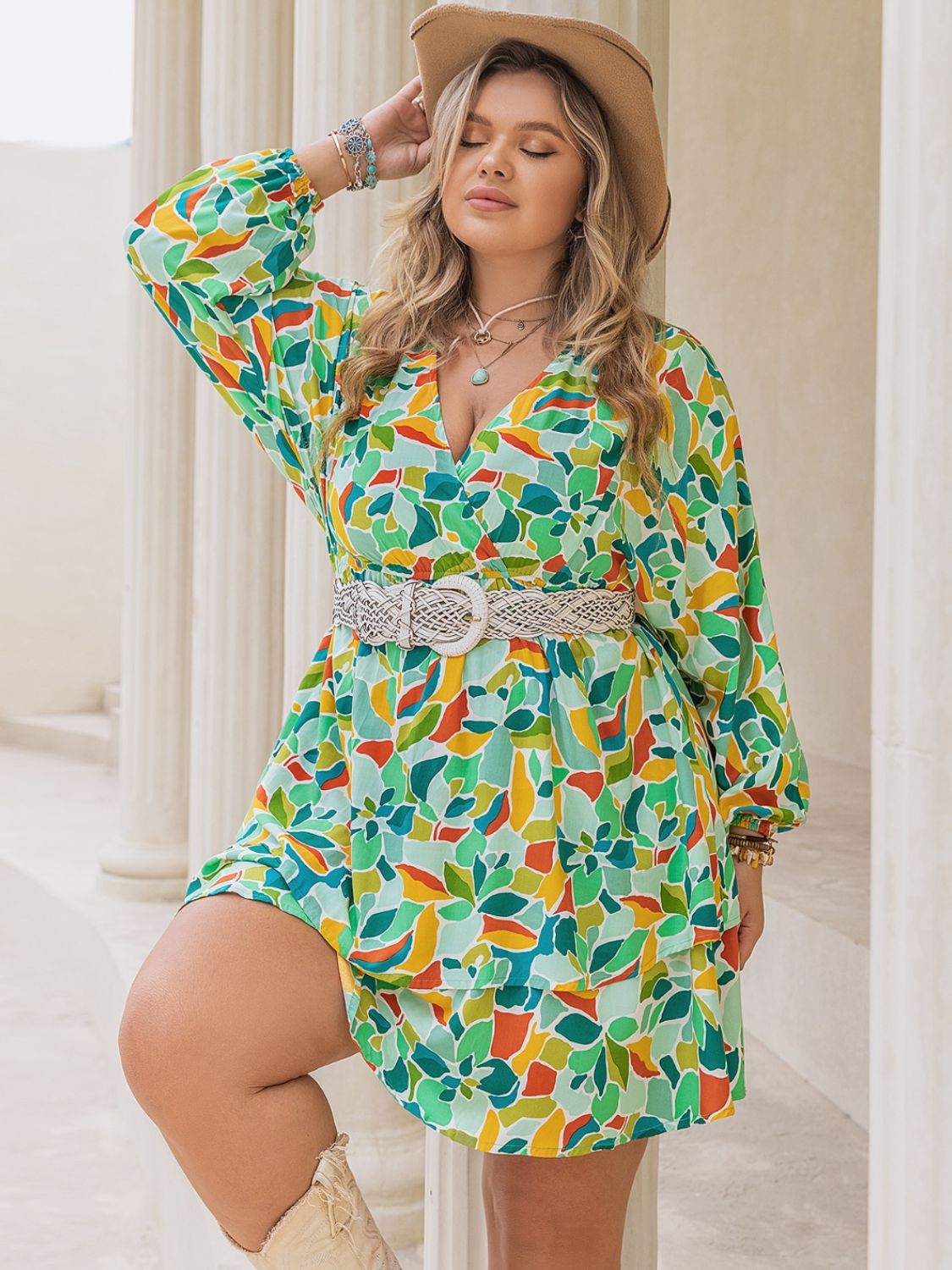 Printed Surplice Long Sleeve Mini Dress - Oh she Rose