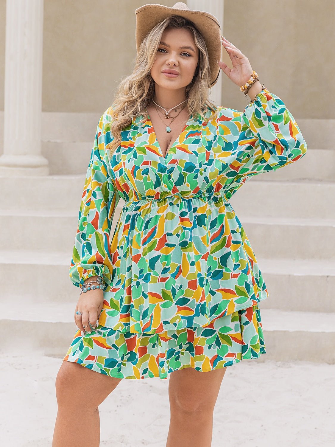Printed Surplice Long Sleeve Mini Dress - Oh she Rose