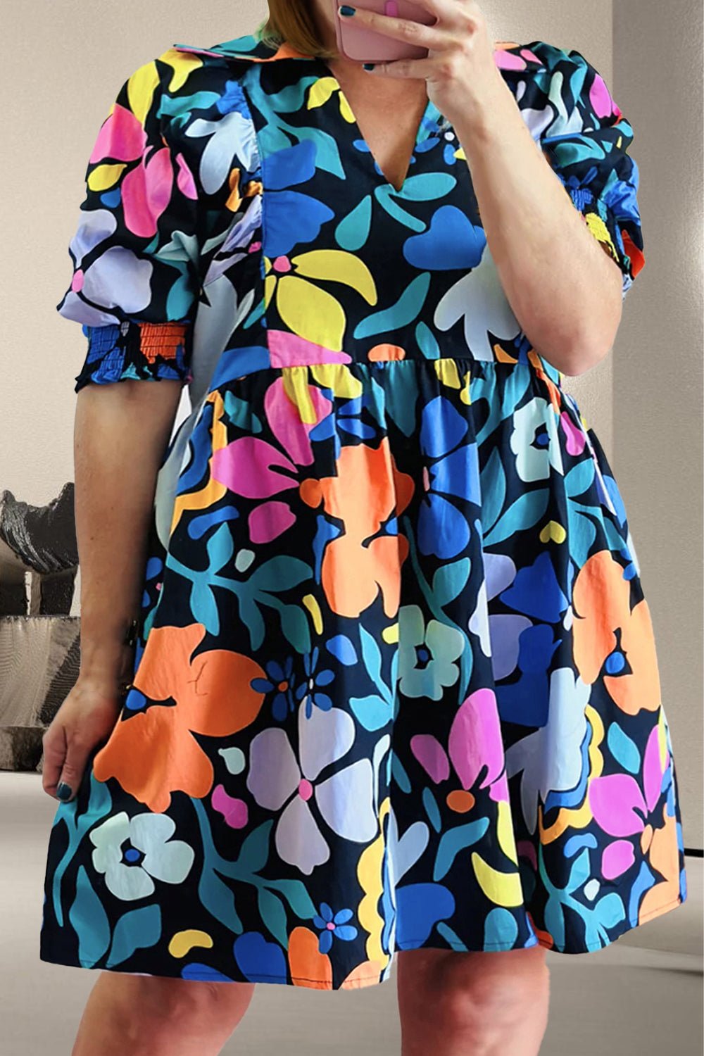 Printed V - Neck Short Sleeve Mini Dress - Oh she Rose