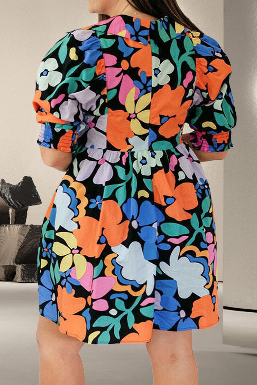 Printed V - Neck Short Sleeve Mini Dress - Oh she Rose