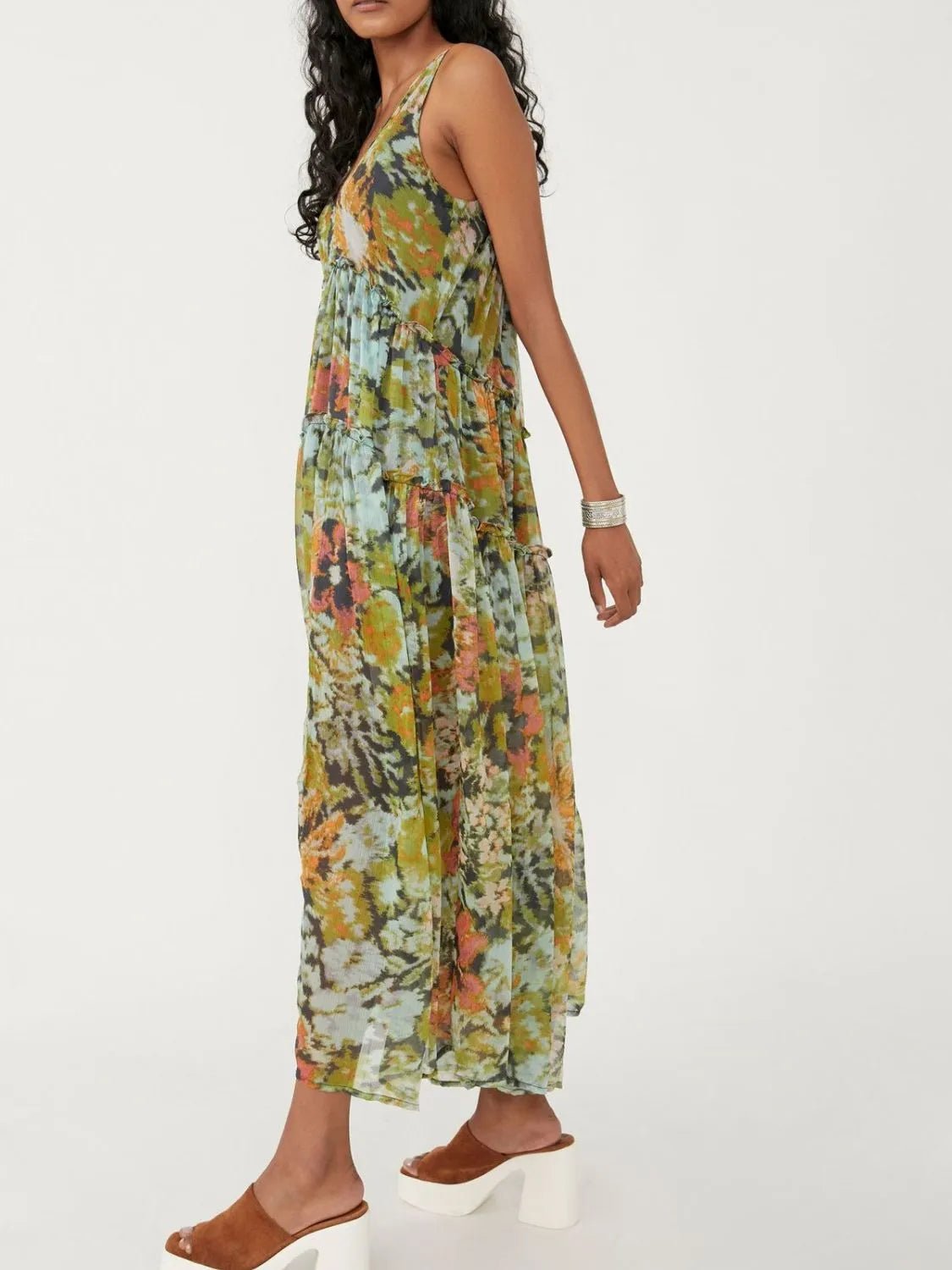Printed V - Neck Sleeveless Dress - Oh she Rose