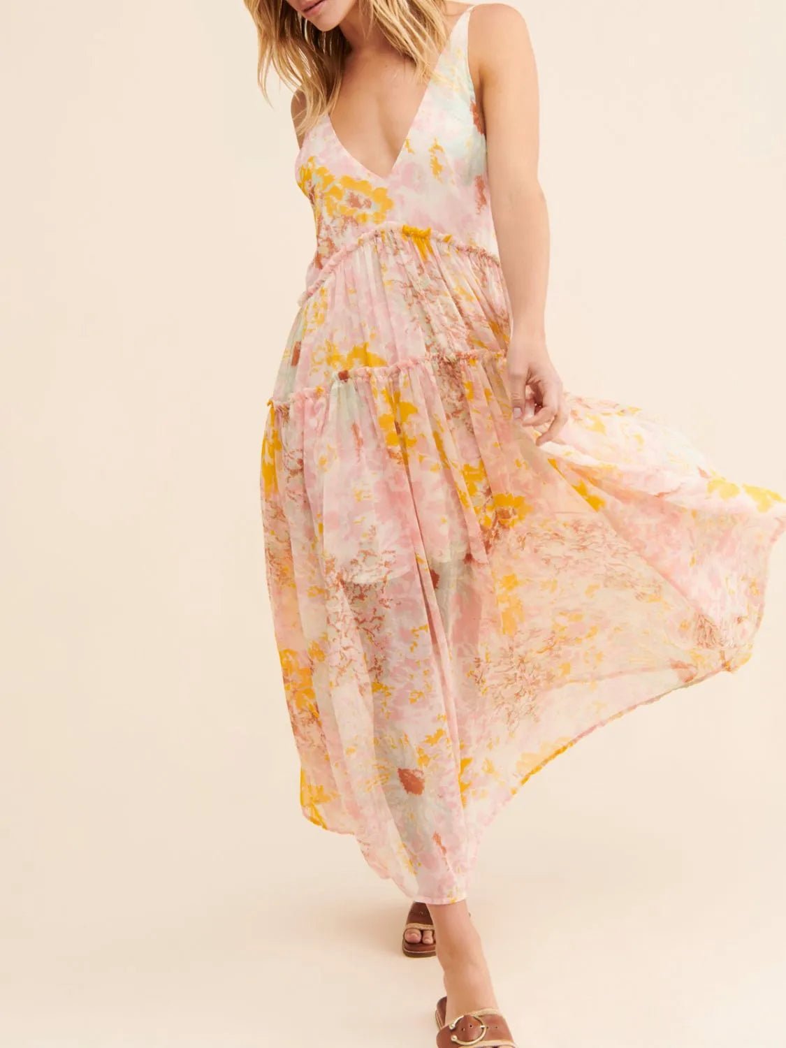 Printed V - Neck Sleeveless Dress - Oh she Rose