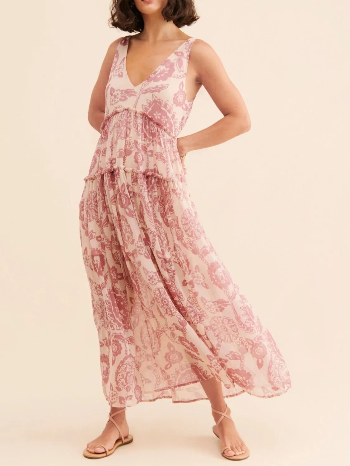 Printed V - Neck Sleeveless Dress - Oh she Rose