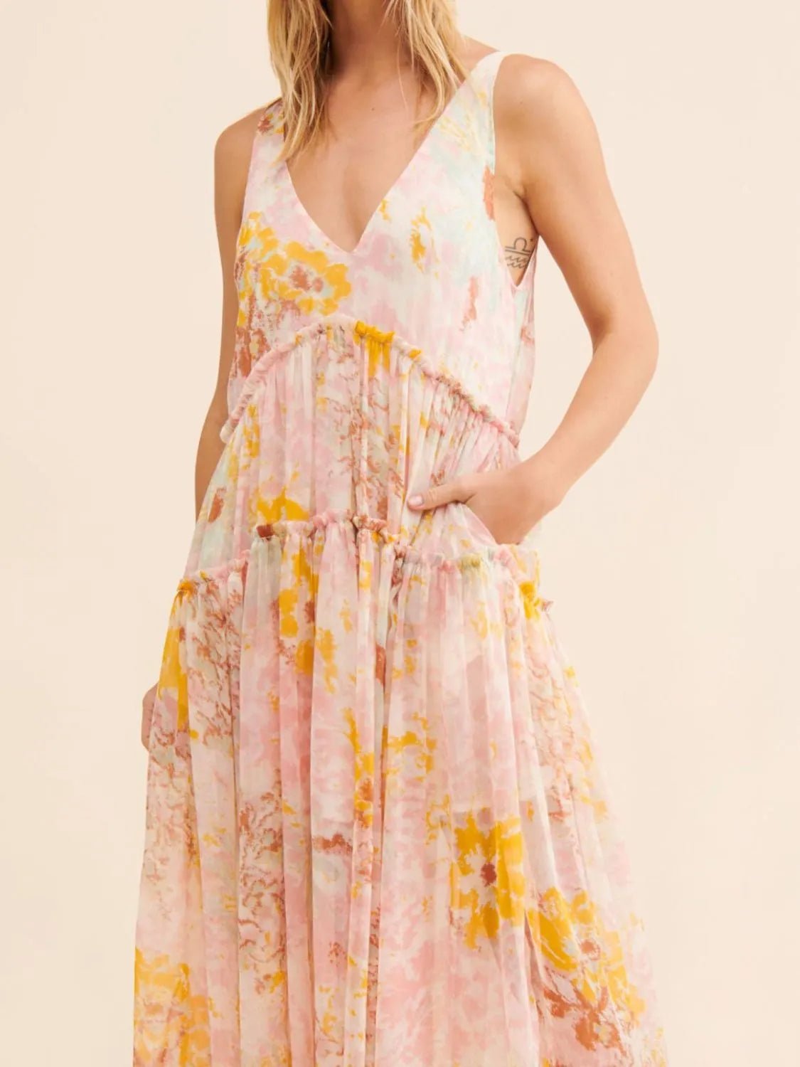 Printed V - Neck Sleeveless Dress - Oh she Rose
