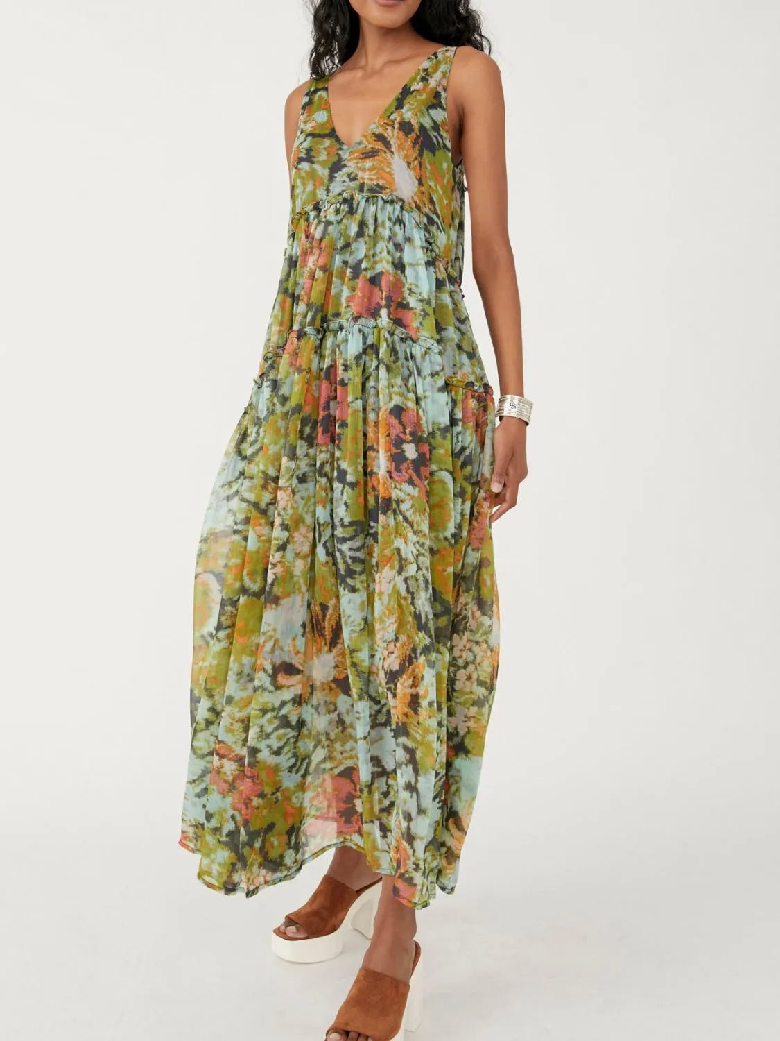 Printed V - Neck Sleeveless Dress - Oh she Rose
